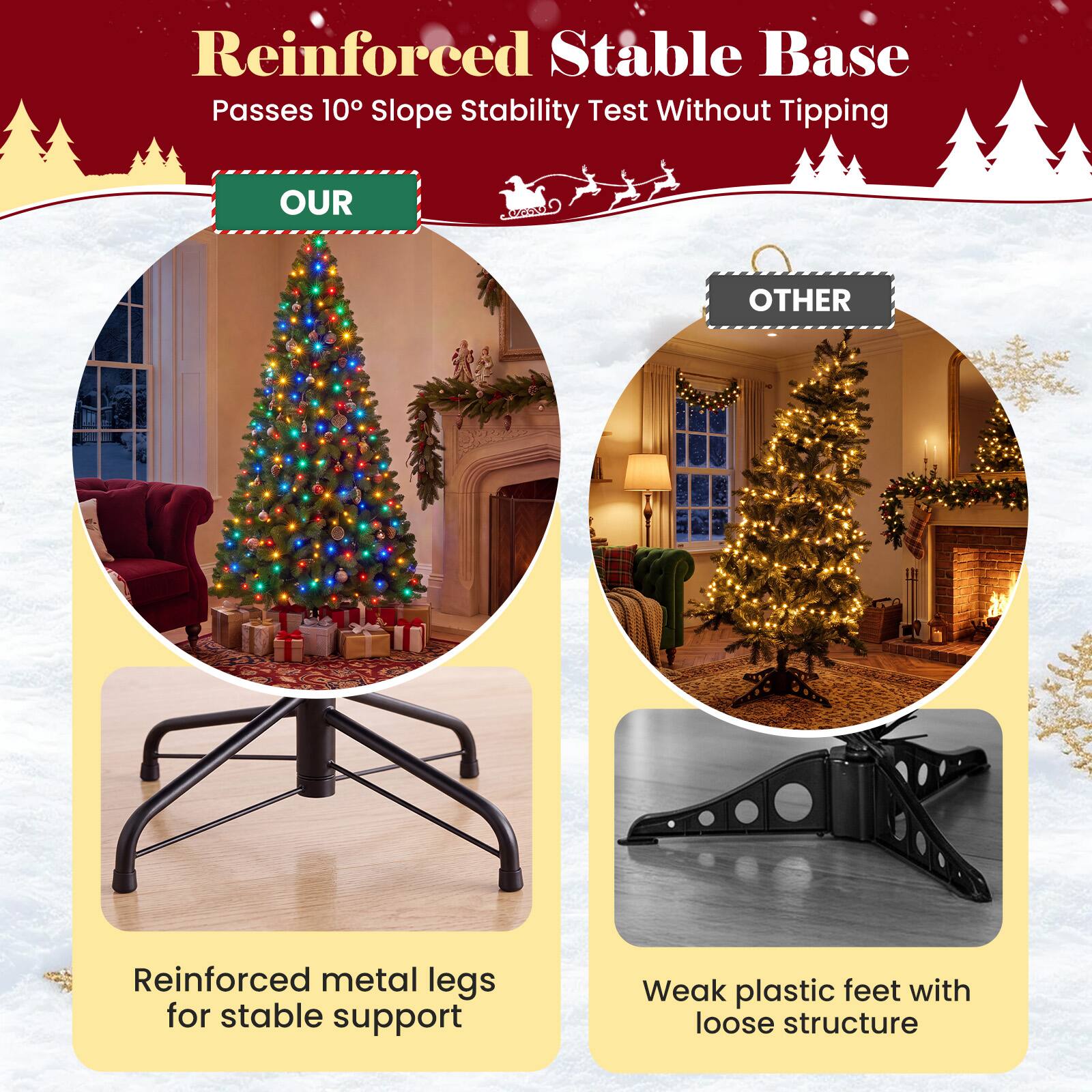 Reinforced Stable Base Passes 10° Slope Stability Test Without Tipping

OUR
Reinforced metal legs for stable support

OTHER
Weak plastic feet with loose structure