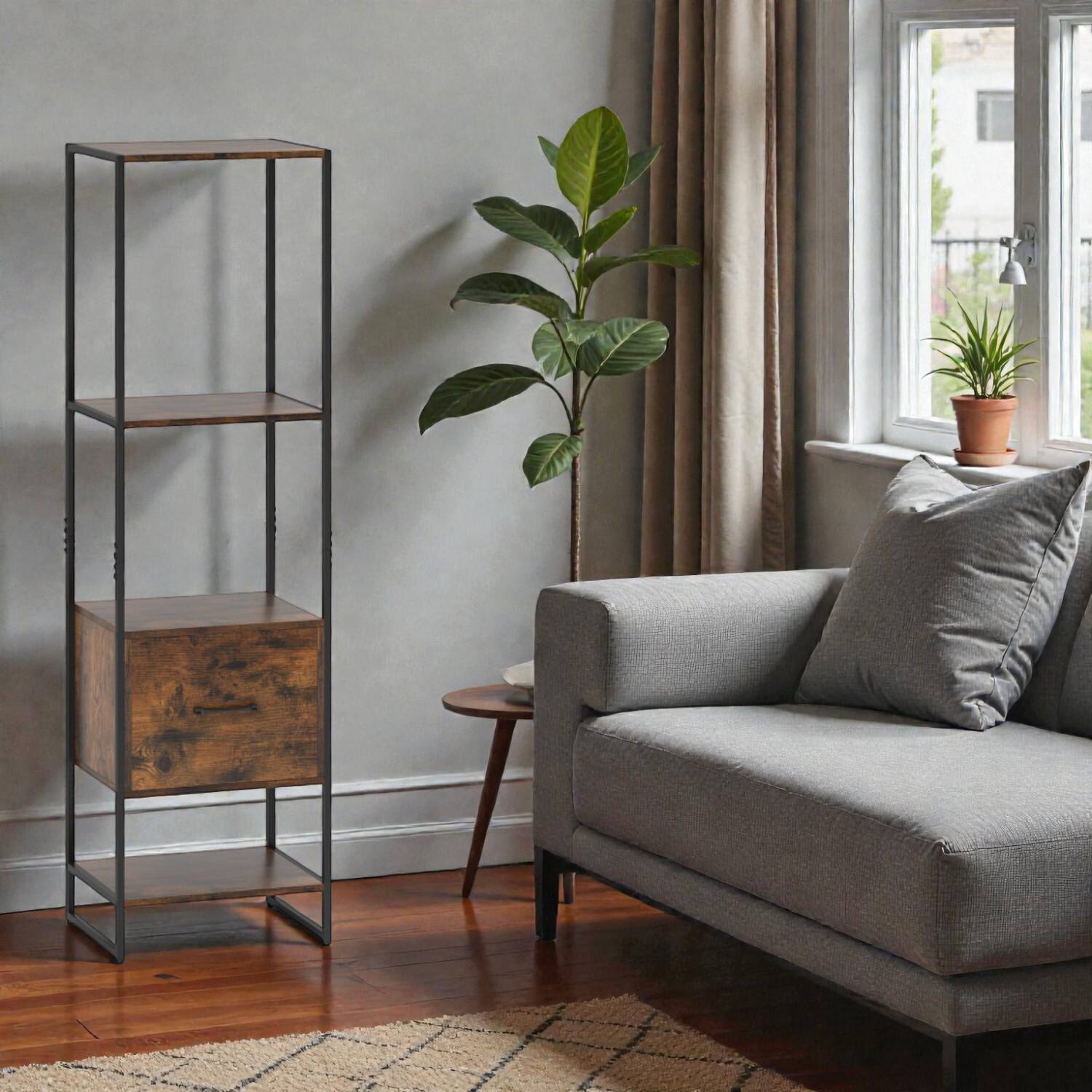 Front. Hivvago - Stylish Vertical 5-Shelf Organizer with Drawer for Compact Spaces - Rustic Brown.