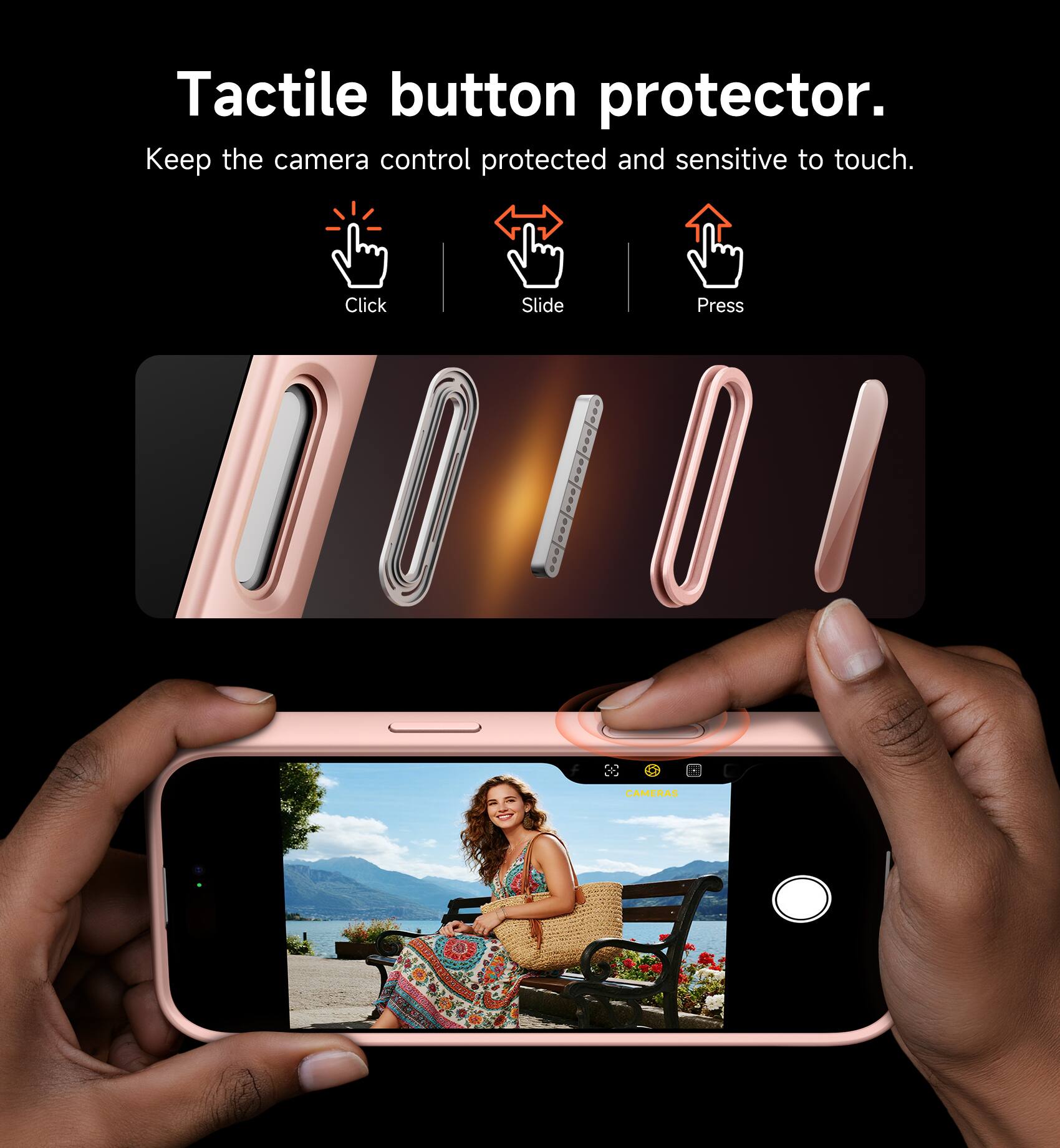 Tactile button protector.  
Keep the camera control protected and sensitive to touch.  
Click Slide Press  

CAMERAS