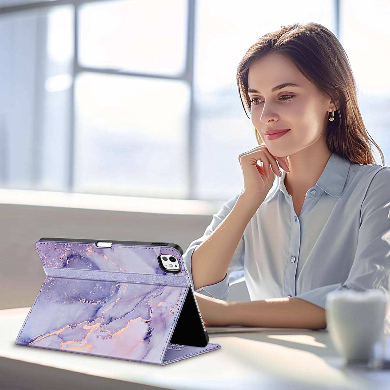 Alt View 1. Fintie - Folio Case for iPad Pro 11-inch (M5) 2025 / (M4) 2024 Magnetic Multi-Angle Viewing Smart Stand Cover w/ Pocket - Lilac Marble.