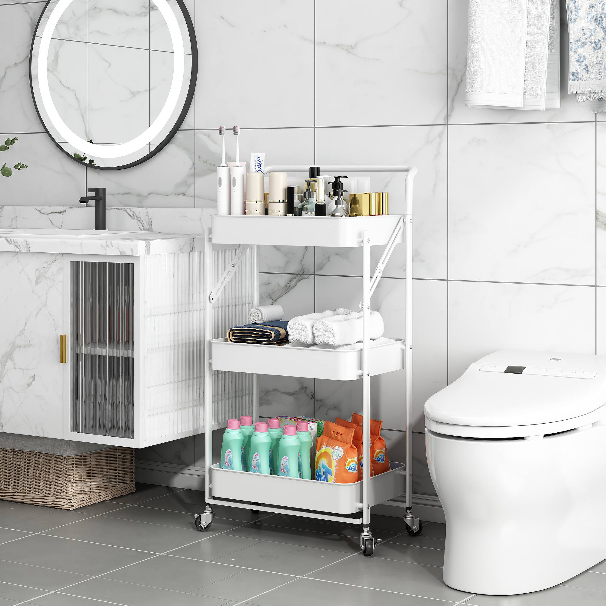 Alt View 1. Malletson - 3-Tier Foldable Rolling Cart, Storage Rack with Handle Multi-Purpose and Locking Wheels for Office, Kitchen, Bathroom - White.