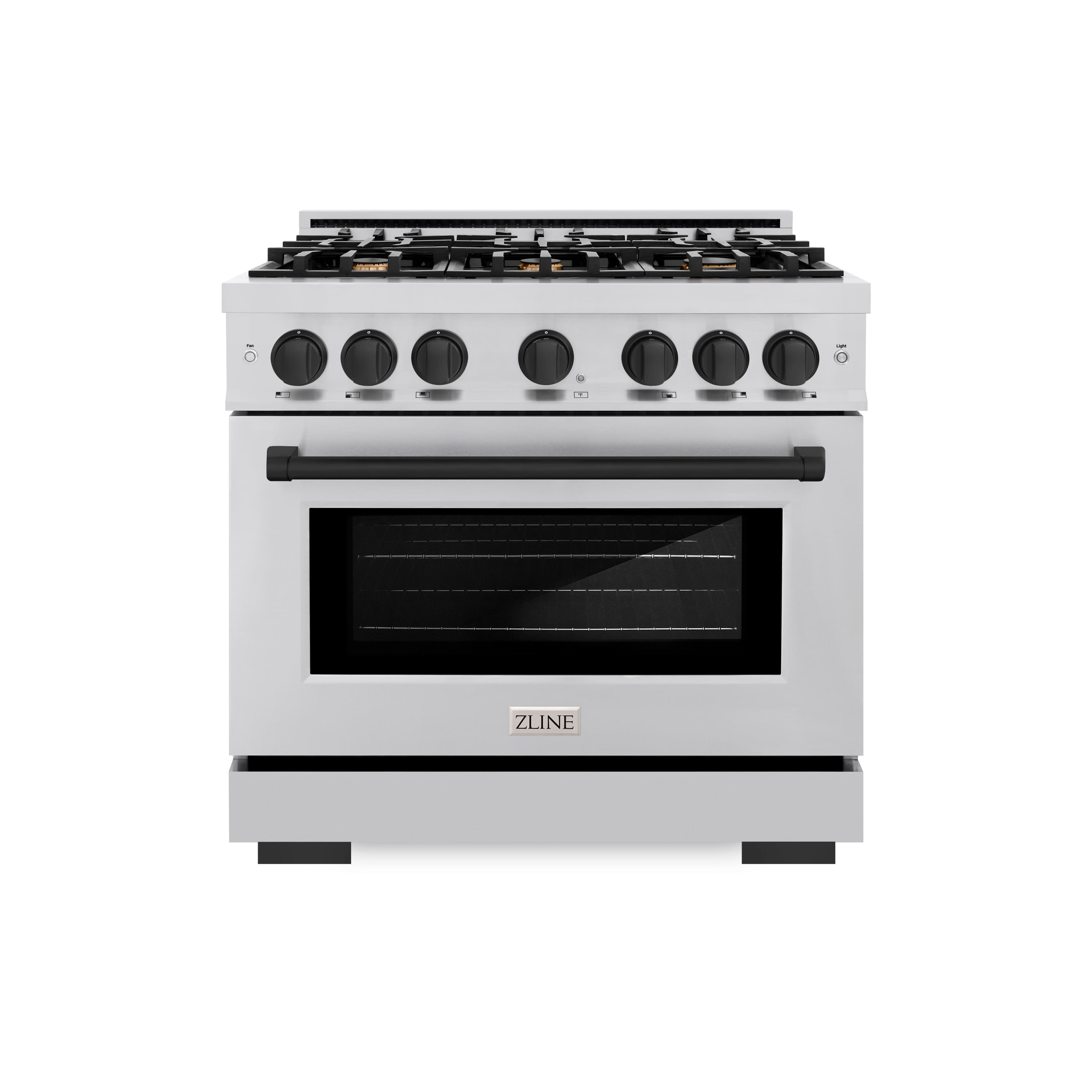 Front. ZLINE - ZLINE Autograph Edition 36" Freestanding Select Gas Range w/ 6 Burners & Matte Black Accents (HGRZ-36-MB) - Stainless Steel.