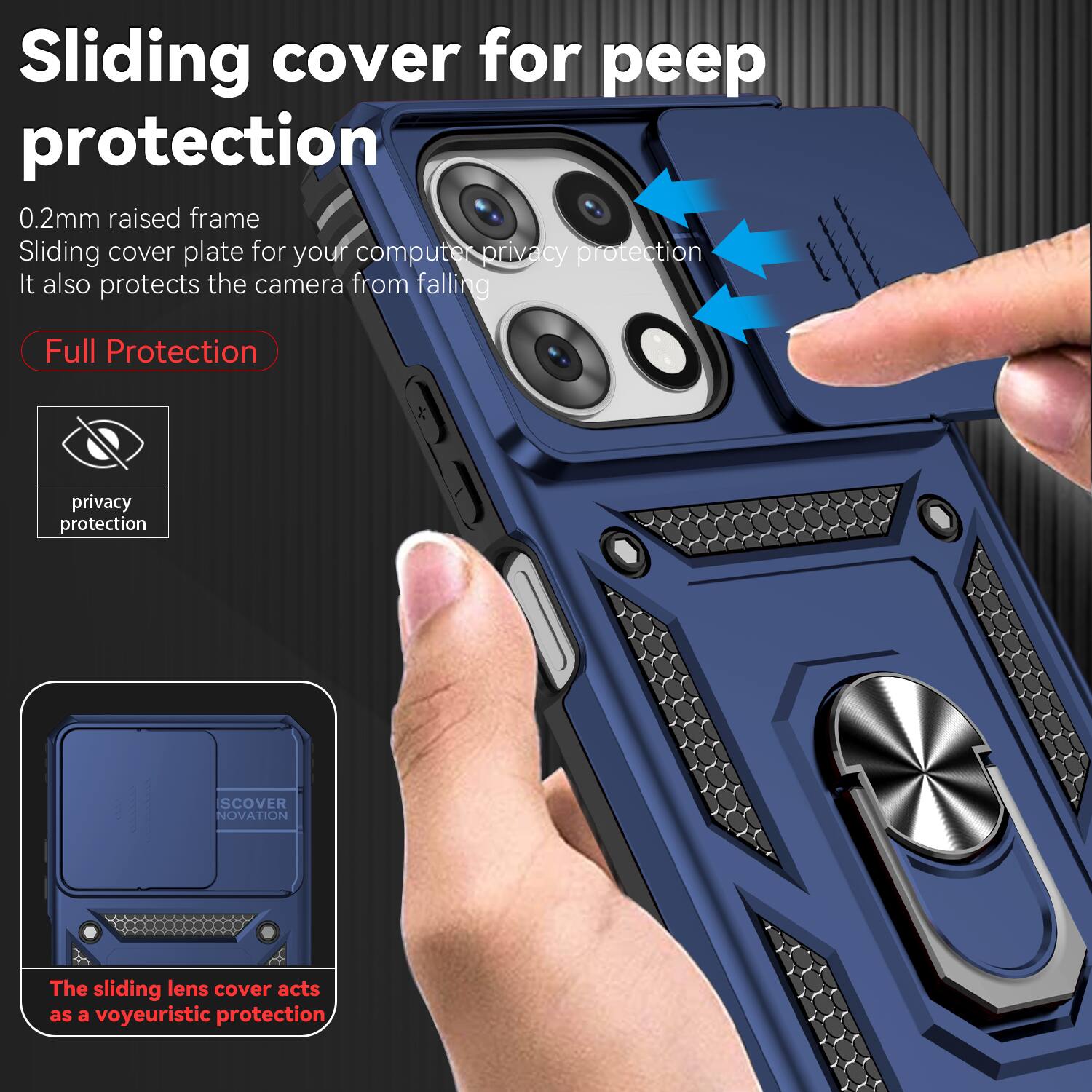 Sliding cover for peep protection

0.2mm raised frame  
Sliding cover plate for your computer privacy protection  
It also protects the camera from falling

Full Protection

privacy protection

The sliding lens cover acts as a voyeuristic protection