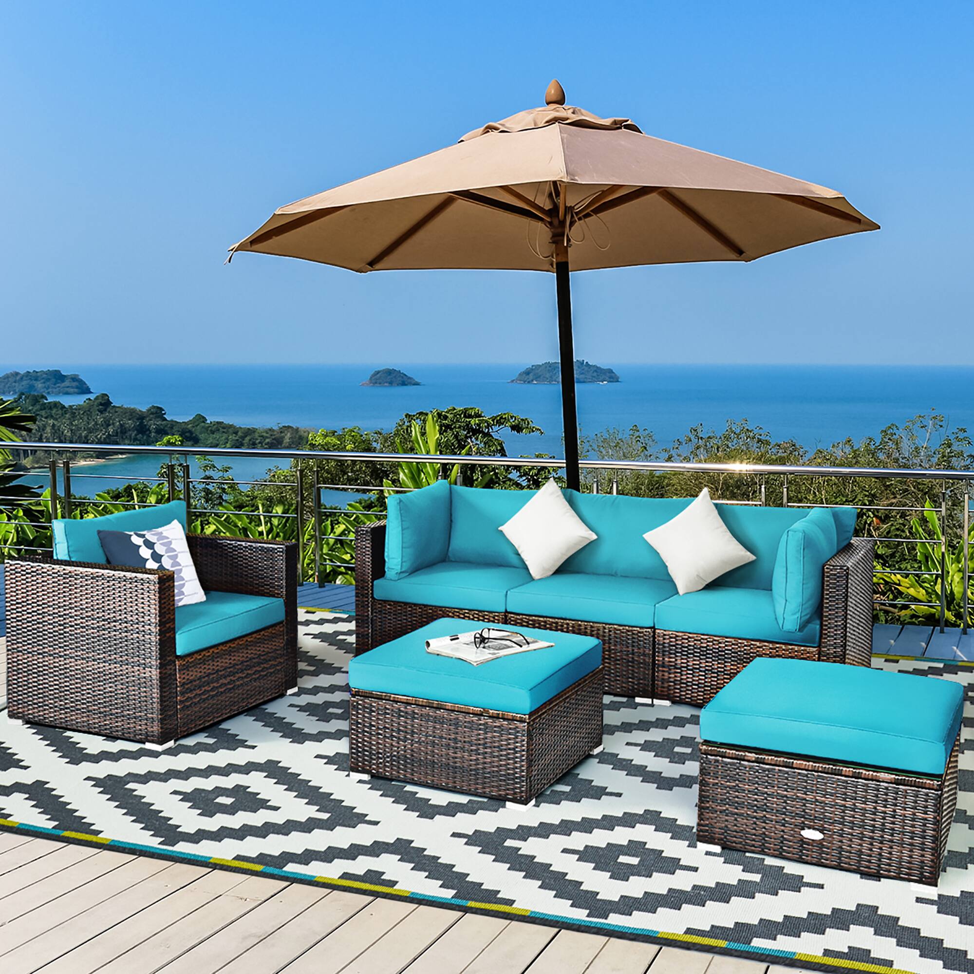 Alt View 3. Costway - 6PCS Patio Rattan Furniture Set Cushion Sofa Coffee Table - Turquoise.
