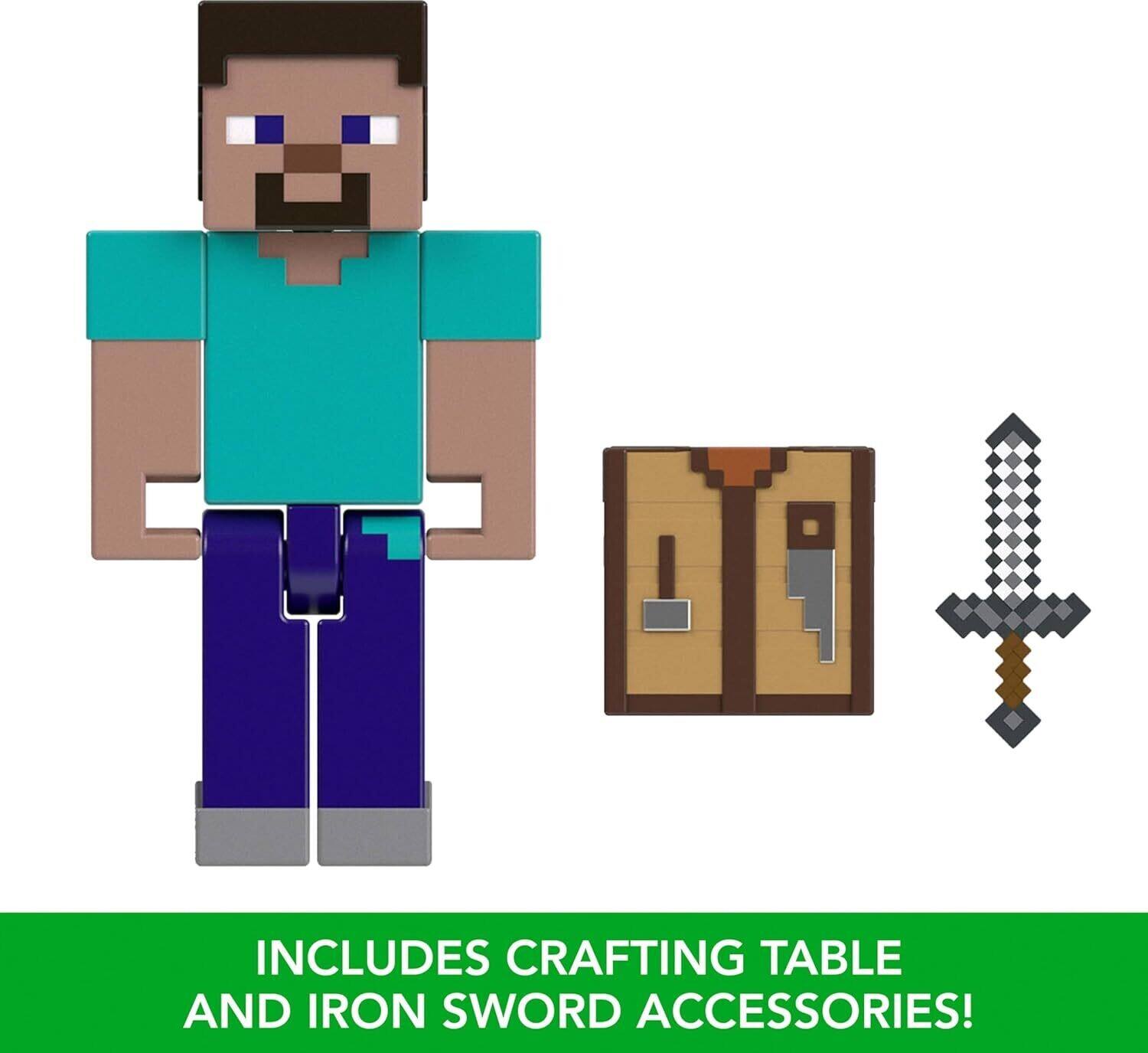 The corrected text is: "INCLUDES CRAFTING TABLE AND IRON SWORD ACCESSORIES!"