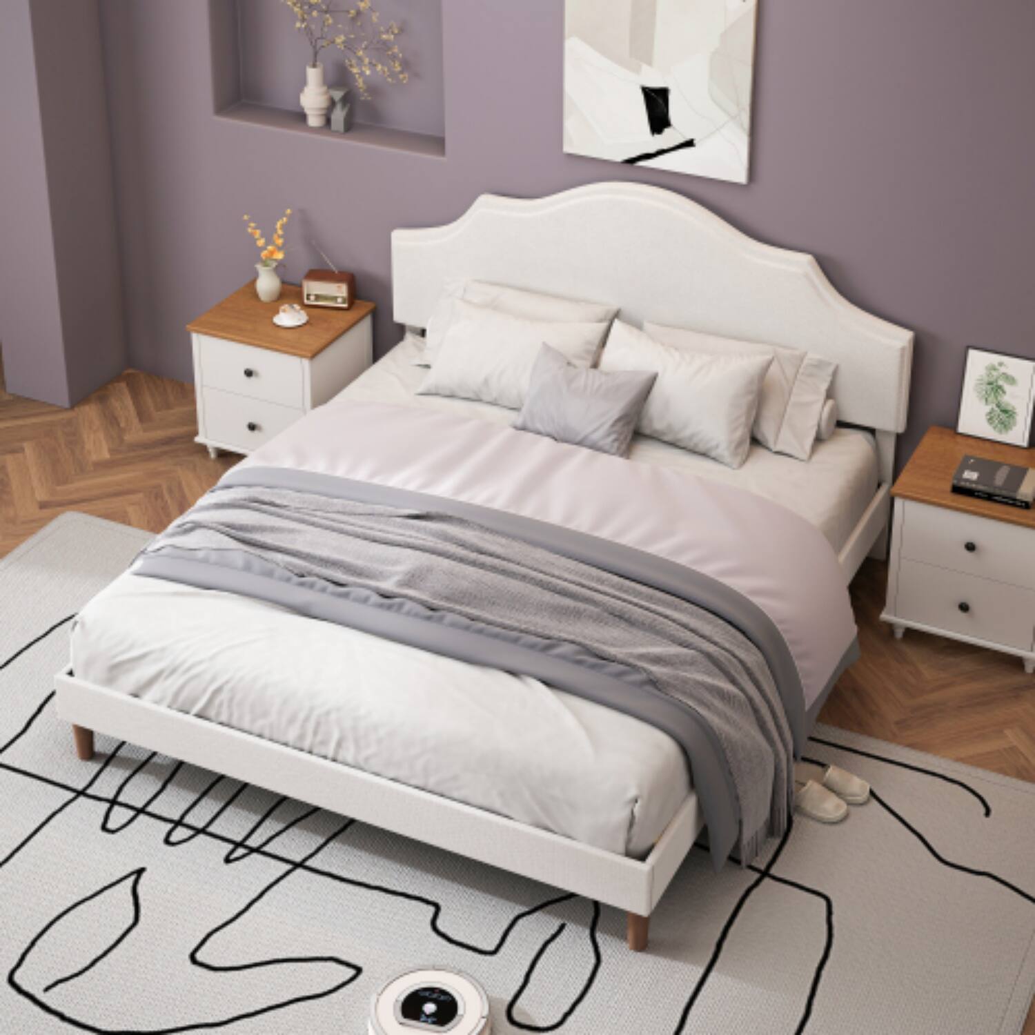 Left. LUCKY ONE - King Size Platform Bed with Adjustable Headboard - No Box Spring Needed, 1000 lbs Cap - White.