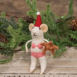Angle. BreeBe - Christmas Bikini Mouse Felted Ornament - White, Pink.