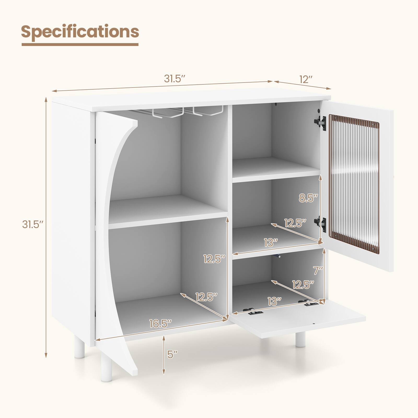 Specifications: 31.5", 12", 8.5", 31.5", 12.5", 12.5", 12.5", 13", 7", 12.5", 13", 16.5", 5"