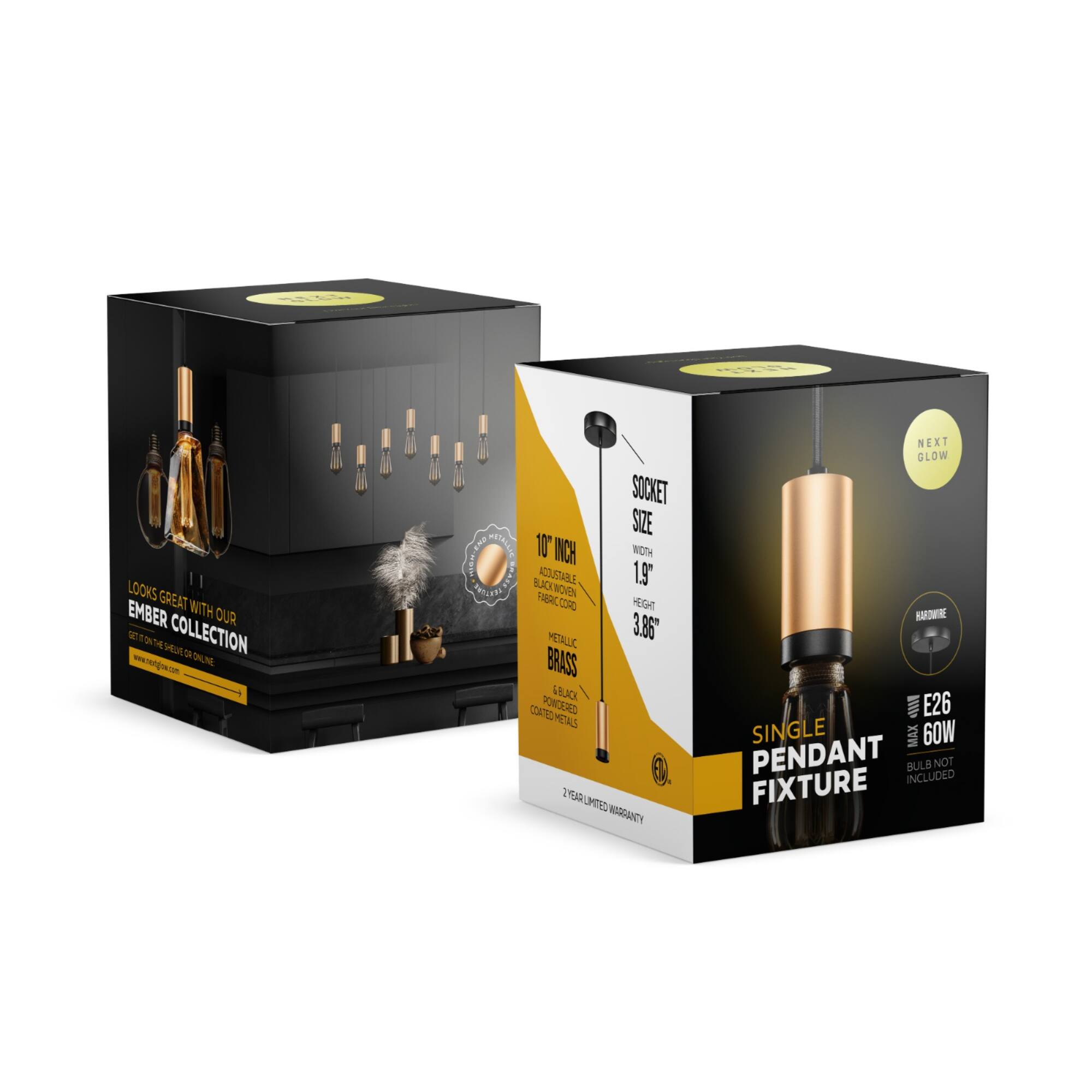 LOOKS GREAT WITH OUR EMBER COLLECTION

SOCKET SIZE 10 INCH

WIDTH 1.9"

HEIGHT 3.86"

METALLIC BRASS

BLACK COATED

HARDWIRE

NEXT GLOW

E26

SINGLE

MAX 60W

PENDANT

BULB NOT INCLUDED

FIXTURE