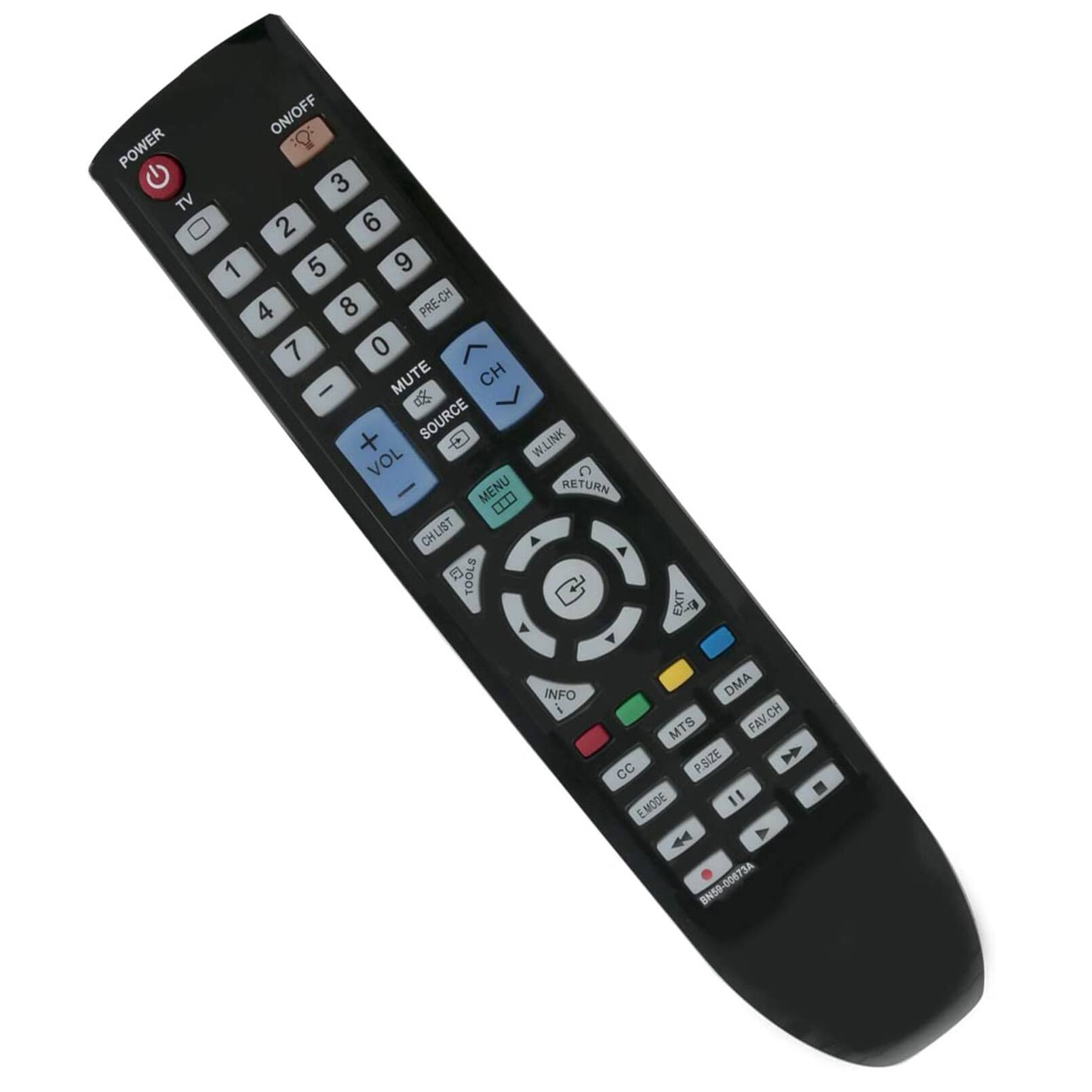 POWER TV ON/OFF 9: 3 2 6 1 5 9 4 8 PRE-CH 7 0 MUTE CH I  + SOURCE - W.LINK VOL C - MENU RETURN .. CHLIST LIST CH 6 TOOLS EXIT g INFO i DMA MTS FAV.CH P.SIZE  cC . E.MODE " 44 4 BN50-00873A 00673A BNSP