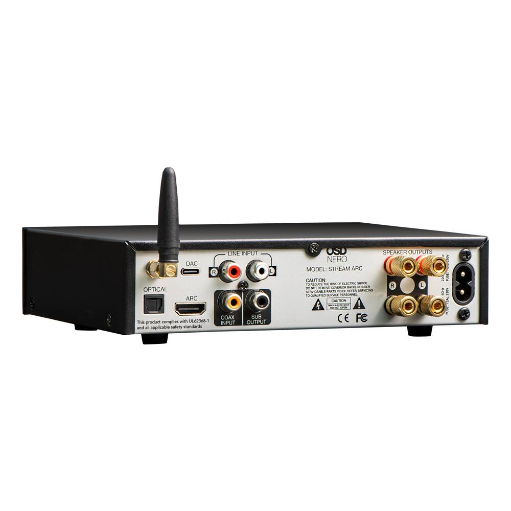 DAC OPTICAL ARC  
This product complies with UL62368-1 and all applicable safety standards  

LINE INPUT  
COAX SUB INPUT OUTPUT  
OSD  
SPEAKER OUTPUTS  

NERO  
MODEL: STREAM ARC  

CAUTION:  
1. TO REDUCE THE RISK OF ELECTRIC SHOCK, NO USER SHALL REMOVE COVER (OR BACK).  
2. SERVICEABLE PARTS INSIDE. REFER SERVICING TO QUALIFIED SERVICE PERSONNEL  

CAUTION  
CE FC  

FUSE 2020 200