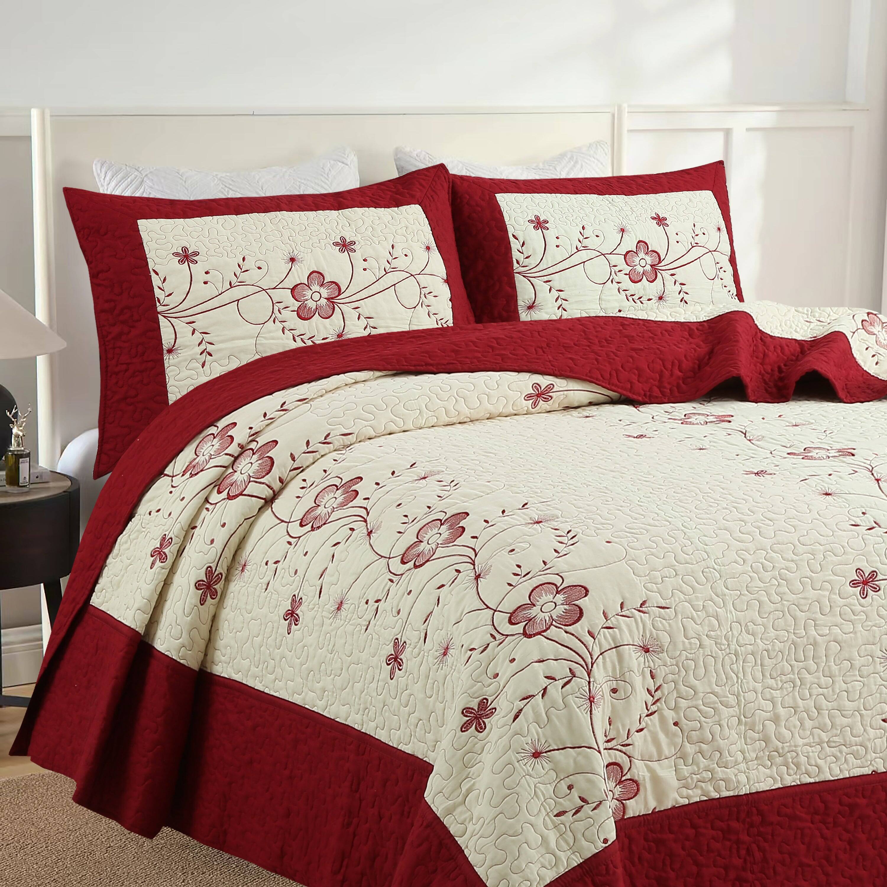 Back. MarCielo - Marcielo 3 Piece Queen Size Embroidery Quilt Set Lightweight Bedspread Set Queen - Red and Cream.