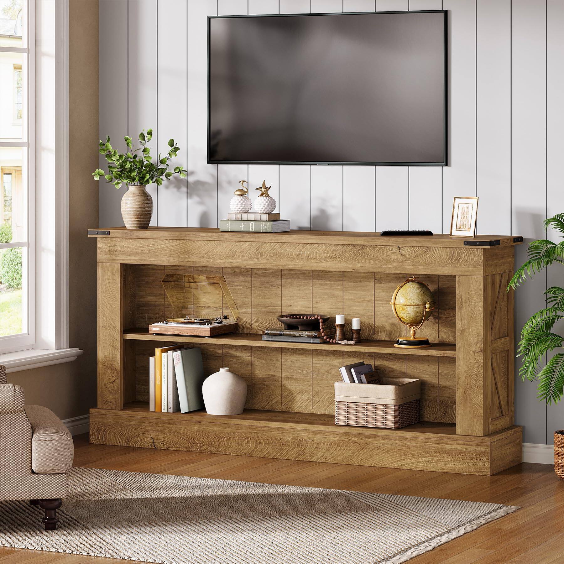 Left. Tribesigns - 63-Inch Long Console Table for Entryway, Narrow Long Entry Table with Shelves for Living Room, Farmhouse Sofa Console Be - Brown.