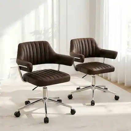 Front. KERDOM - 2pcs Modern Office Chairs Set, PU Leather Ergonomic Desk Chair, Swivel Upholstery Vanity Chair with Arms, Side Chairs - Coffee-2PCS.