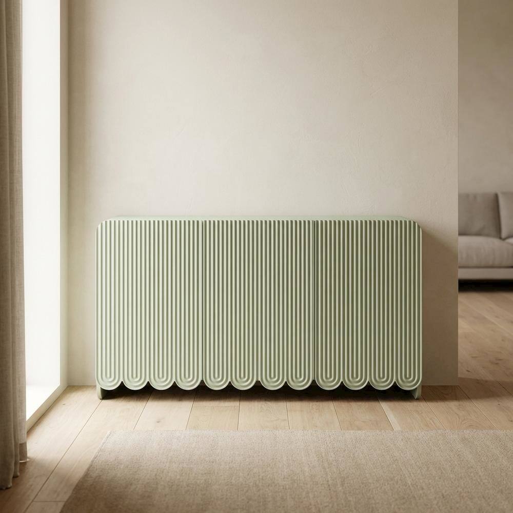 Angle. FurniFact - Scalloped And Fluted Storage Cabinet With Elegant Design In Neutral Finish - Green.