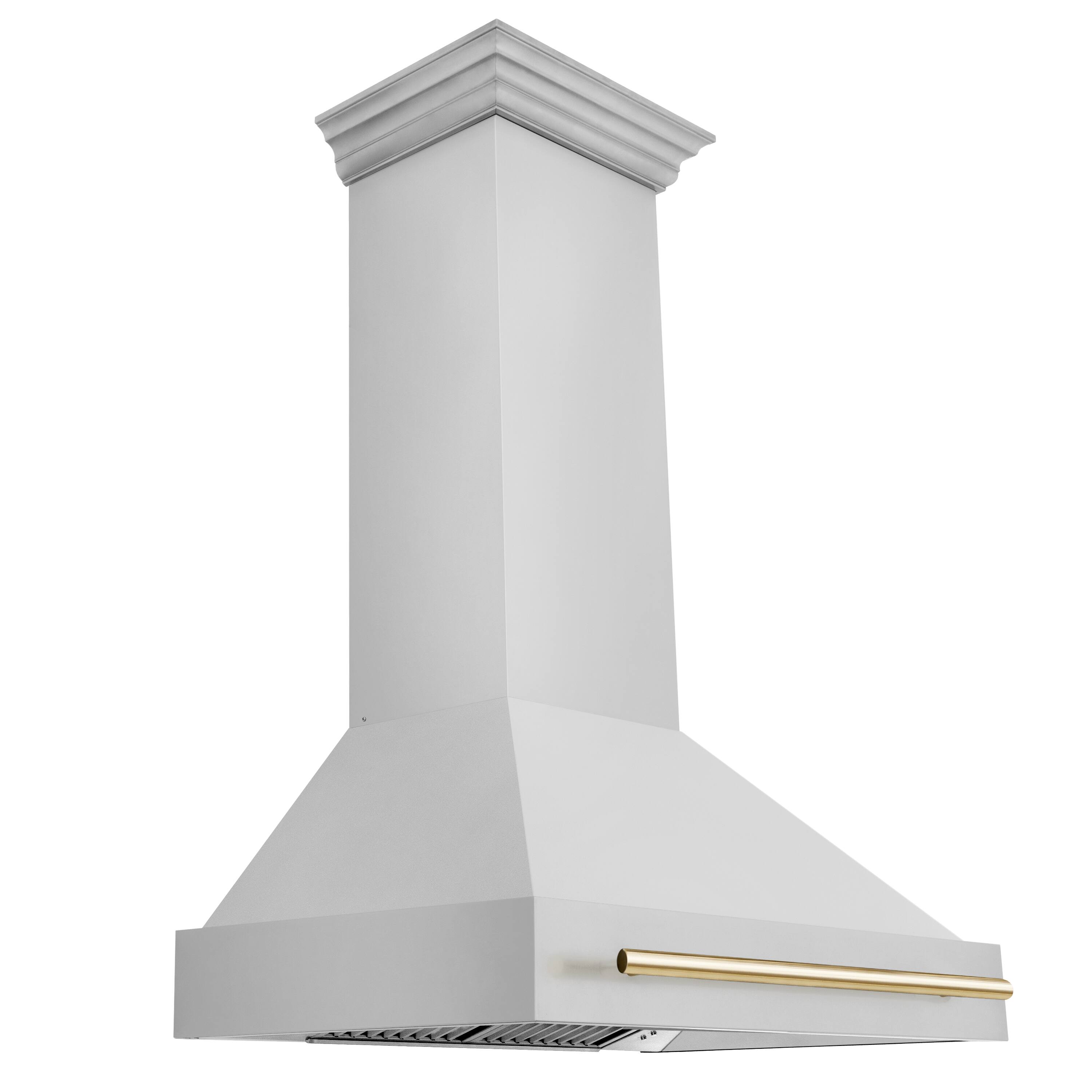 Left. ZLINE - ZLINE Autograph Edition 36 in. Stainless Steel Range Hood with Stainless Steel Shell and Polished Gold Handle - Stainless Steel.
