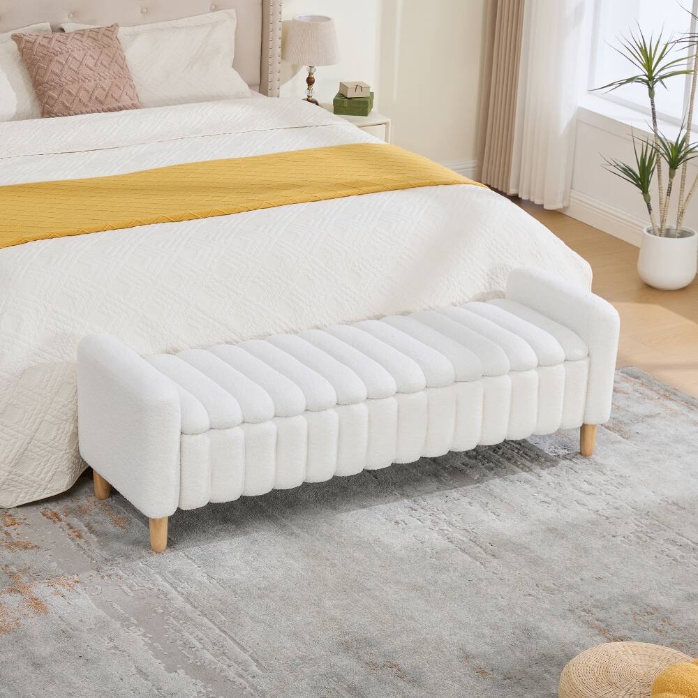 Left. Ropilly - Ropilly Modern Upholstered End of Bed Bench Teddy Fabric Flip Top Storage Bench with Armrests Ivory - Ivory.