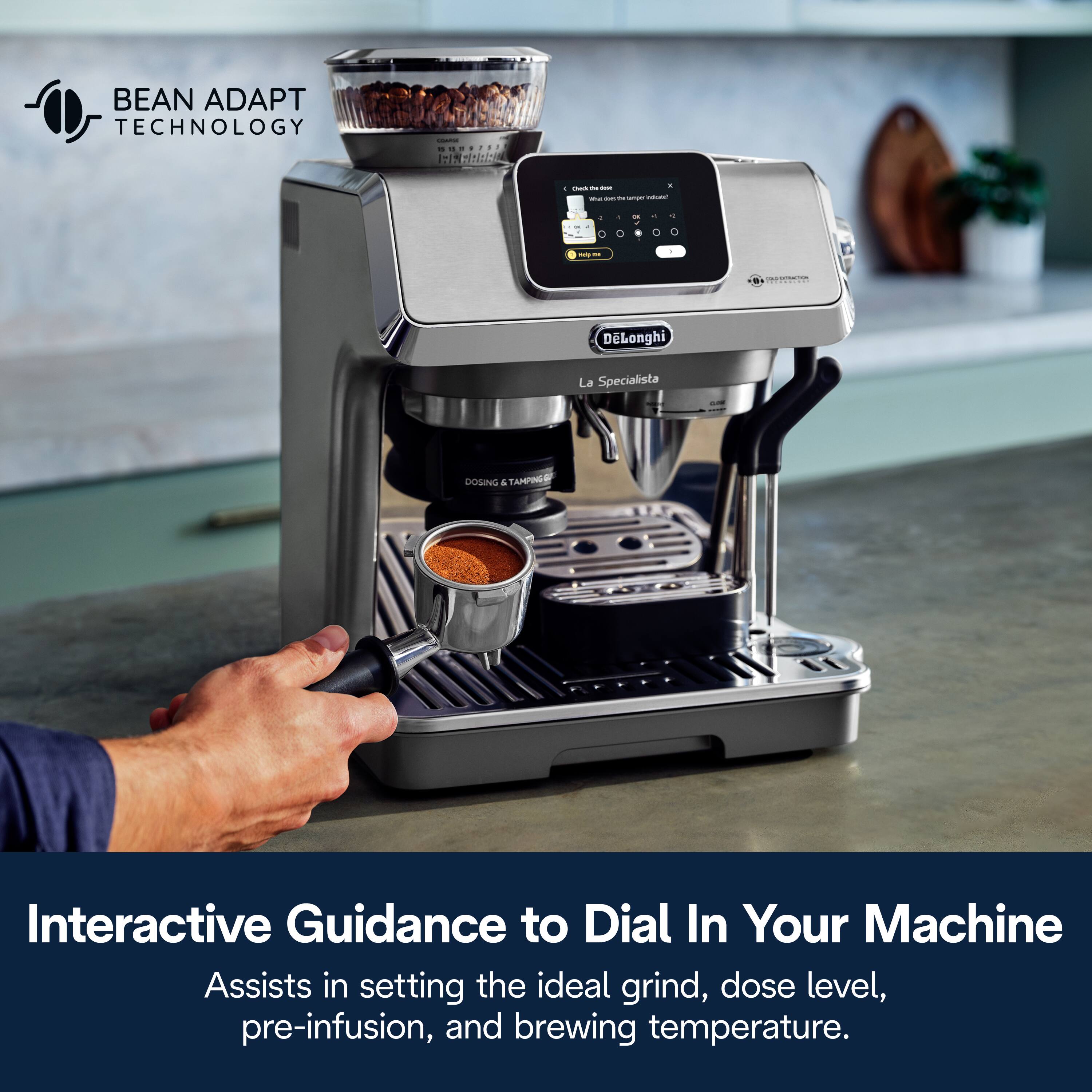 BEAN ADAPT TECHNOLOGY - DELonghi La Specialista - DOSING & TAMPINGR - Interactive Guidance to Dial In Your Machine - Assists in setting the ideal grind, dose level, pre-infusion, and brewing temperature.
