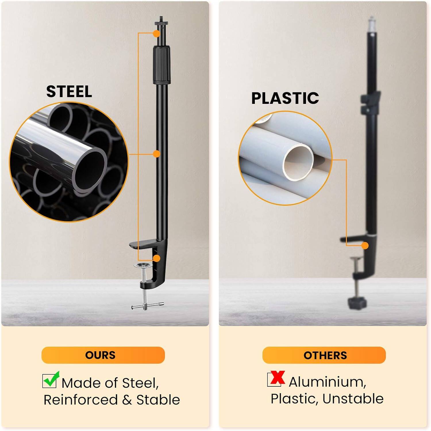 STEEL  
PLASTIC  

OURS  
Made of Steel, Reinforced & Stable  

OTHERS  
Aluminium, Plastic, Unstable