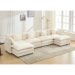 KERDOM - 149 inch Chenille U-Shape Couch with Pillows, Big Family Deep Seat Modular Sofa with 2 Ottomans, Extra Large with Chaise - Beige