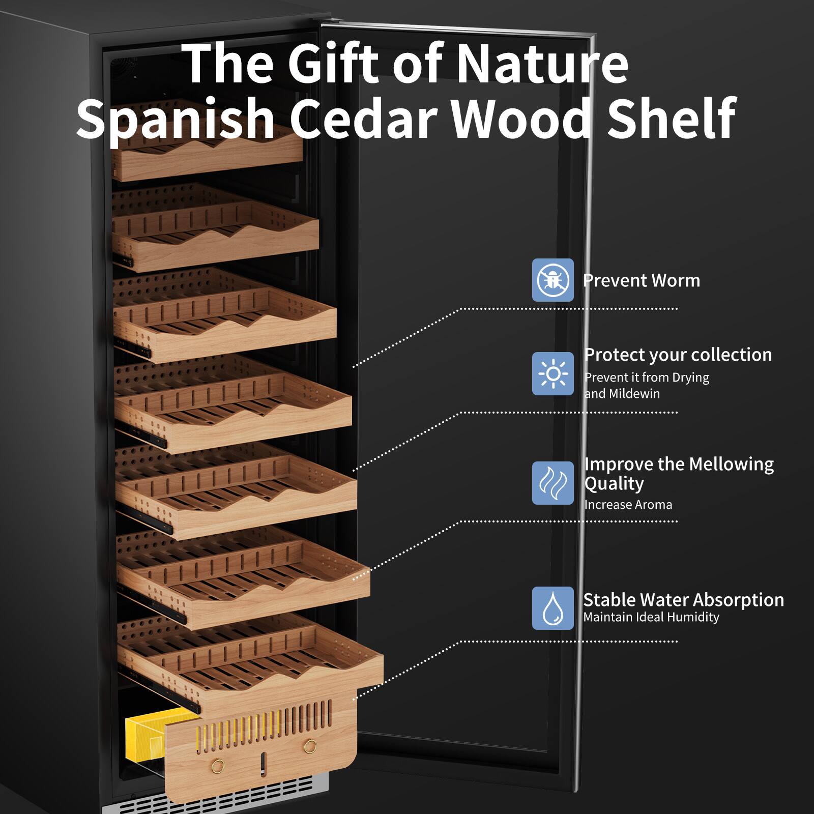 The Gift of Nature Spanish Cedar Wood Shelf

- Prevent Worm
- Protect your collection
  - Prevent it from Drying and Mildew
- Improve the Mellowing Quality
  - Increase Aroma
- Stable Water Absorption
  - Maintain Ideal Humidity
