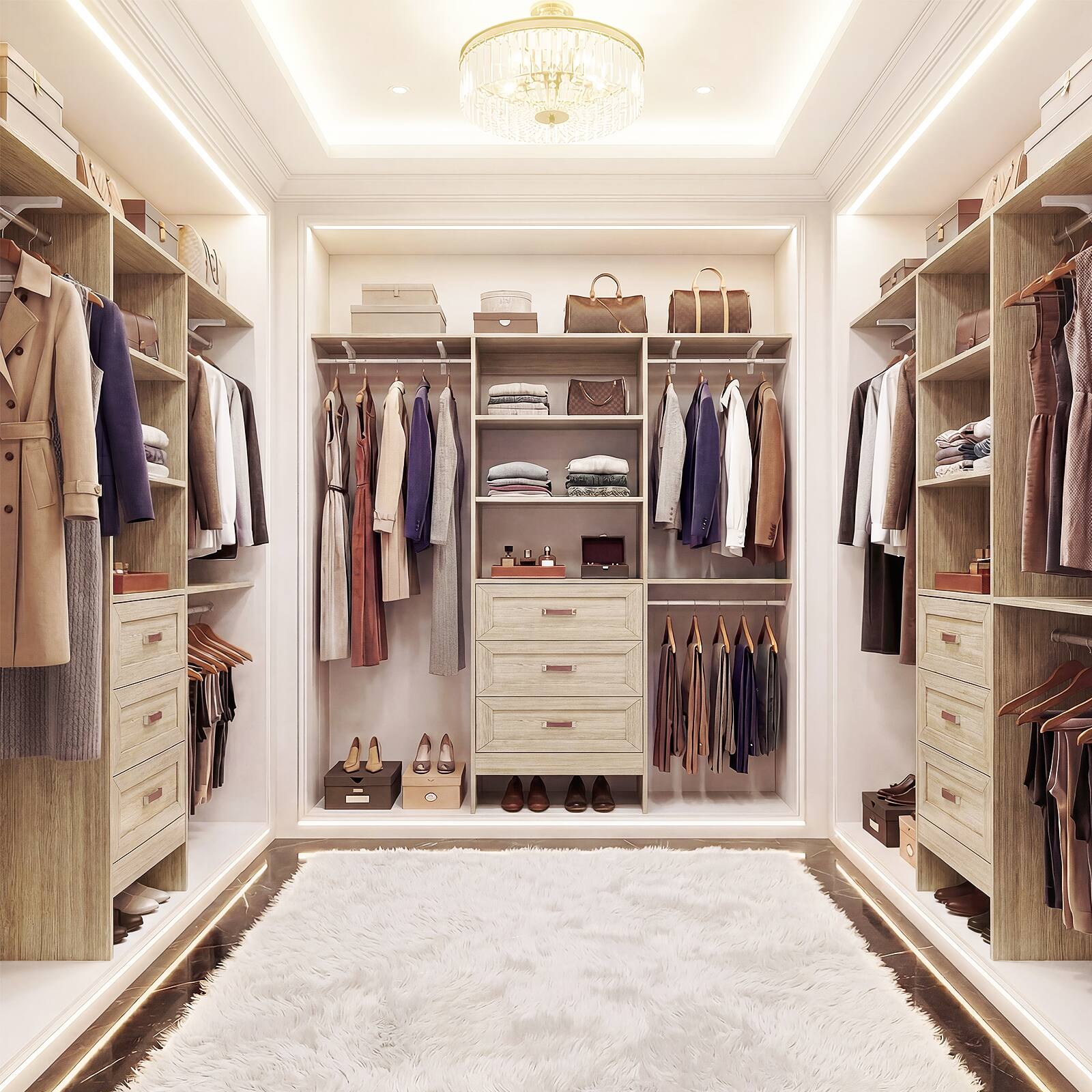 Angle. Aheaplus - 96" Wooden Closet System: 3 Curved Drawers + 3 Hanging Rods and Shelves. Adjustable Walk-in Organizer - White Oak.