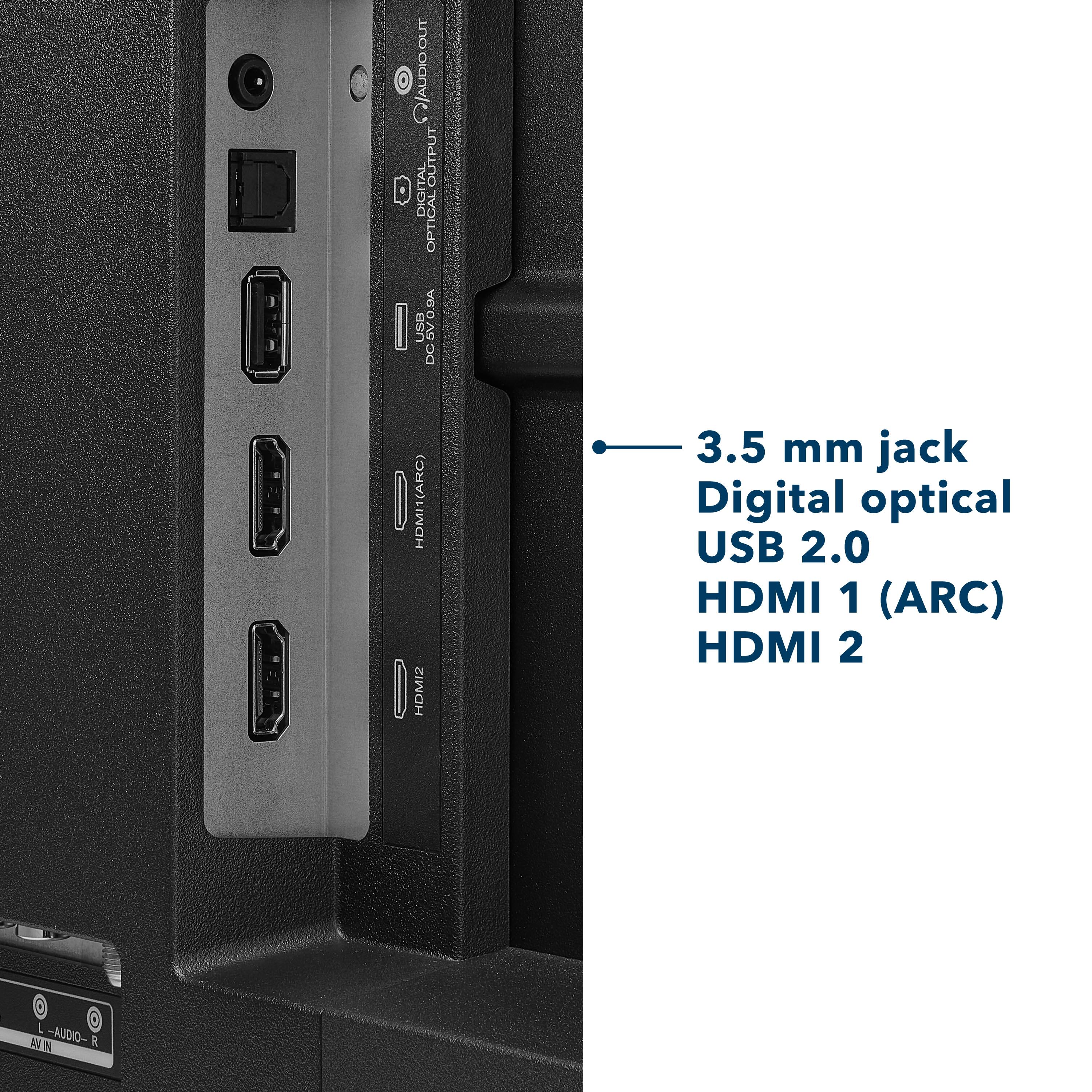 The text on the image reads:

OUT Q/AUDIOOUT ITAL OUTPUT DIG OPTICAL V8o USE DC&VO.DA DV 8 I MITARC HDMI 1 (ARC) HDMI 2

This text describes the various ports and connections available on the back of the computer. The ports include an audio output, an optical digital output, and two HDMI ports. Additionally, there is a USB 2.0 port available.
