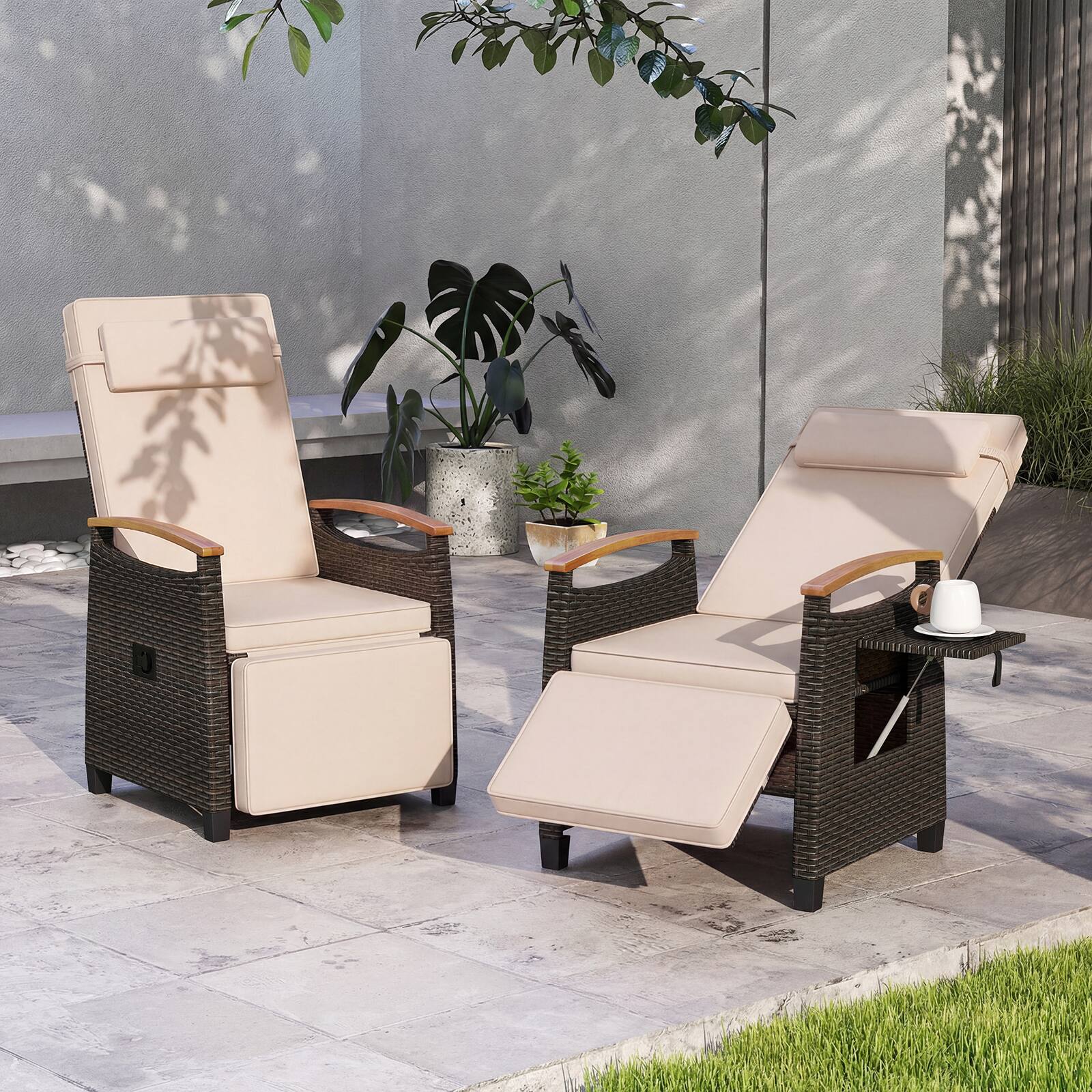 Alt View 8. Gymax - Gymax Set of 2 Patio Wicker Recliner Chair Rattan Lounge Chair w/ Adjustable Backrest&Footrest Mix Brown - Brown.