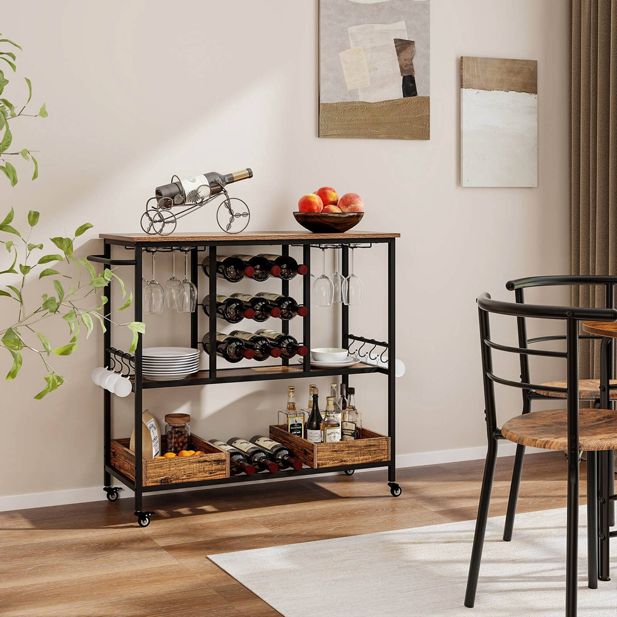 Alt View 1. Costway - Costway 3 Tiers Bar Cart Home Serving Cart on Wheels with Glass Racks Wine Holders - Rustic Brown.
