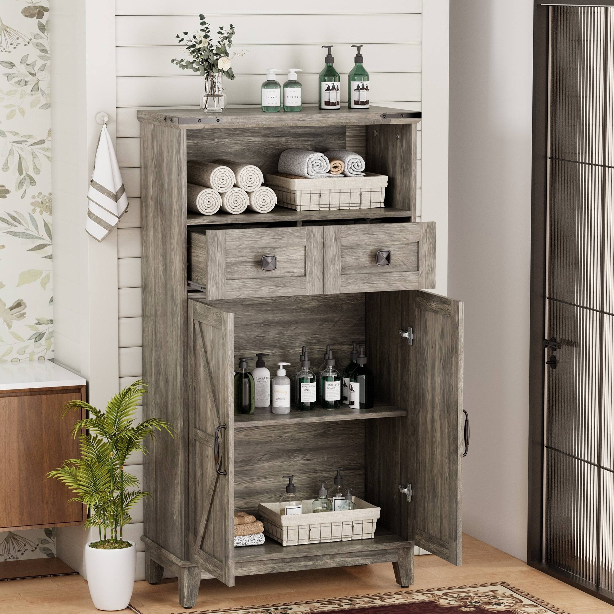 Angle. U-HOMY - Farmhouse Freestanding Storage Cabinet with Doors and Adjustable Shelves, Small Floor Organizer for Entryway - Grey.