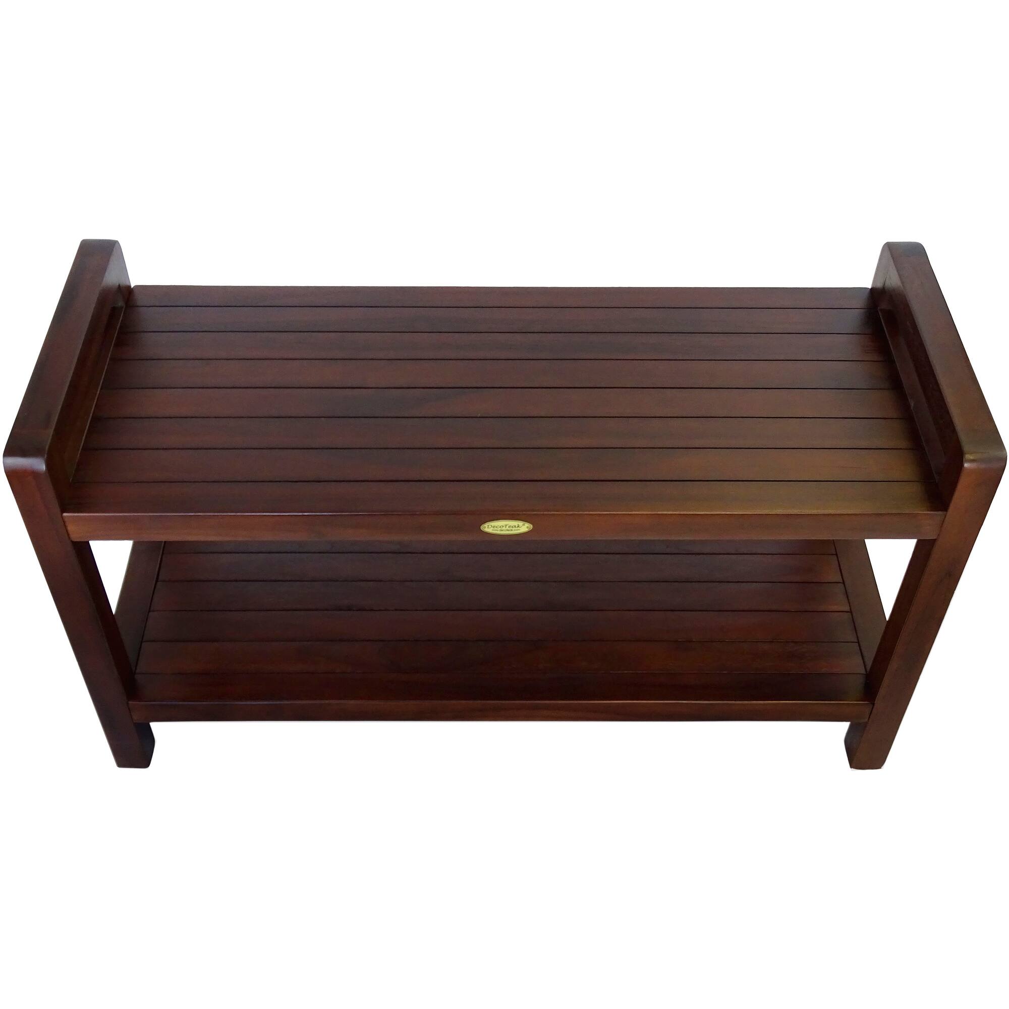 Angle. DecoTeak - DecoTeak Eleganto 35"L Teak Wood Shower Bench with LiftAide Arms and Shelf in Woodland Brown Finish - Woodland Brown.