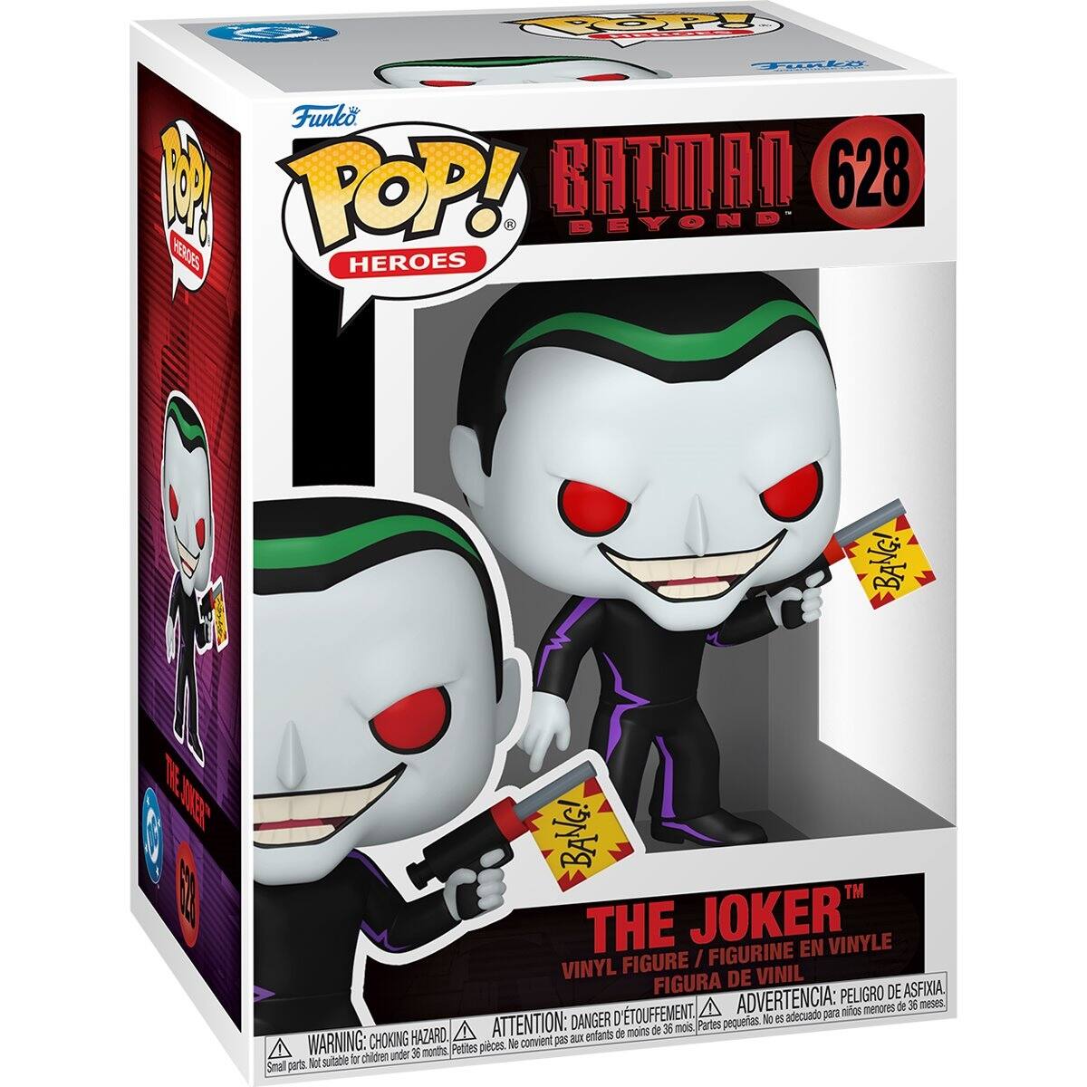 Funko POP! BATMAN 628. BEYOND HEROES BANG! BANG! THE JOKER VINYL FIGURINE / FIGURINE EN VINYLE / FIGURA DE VINIL. WARNING: CHOKING HAZARD - ATTENTION: PELIGRO DE ASFIXIA - ADVERTENCIA: PEQUES PIÈCES. Not suitable for children under 36 months.