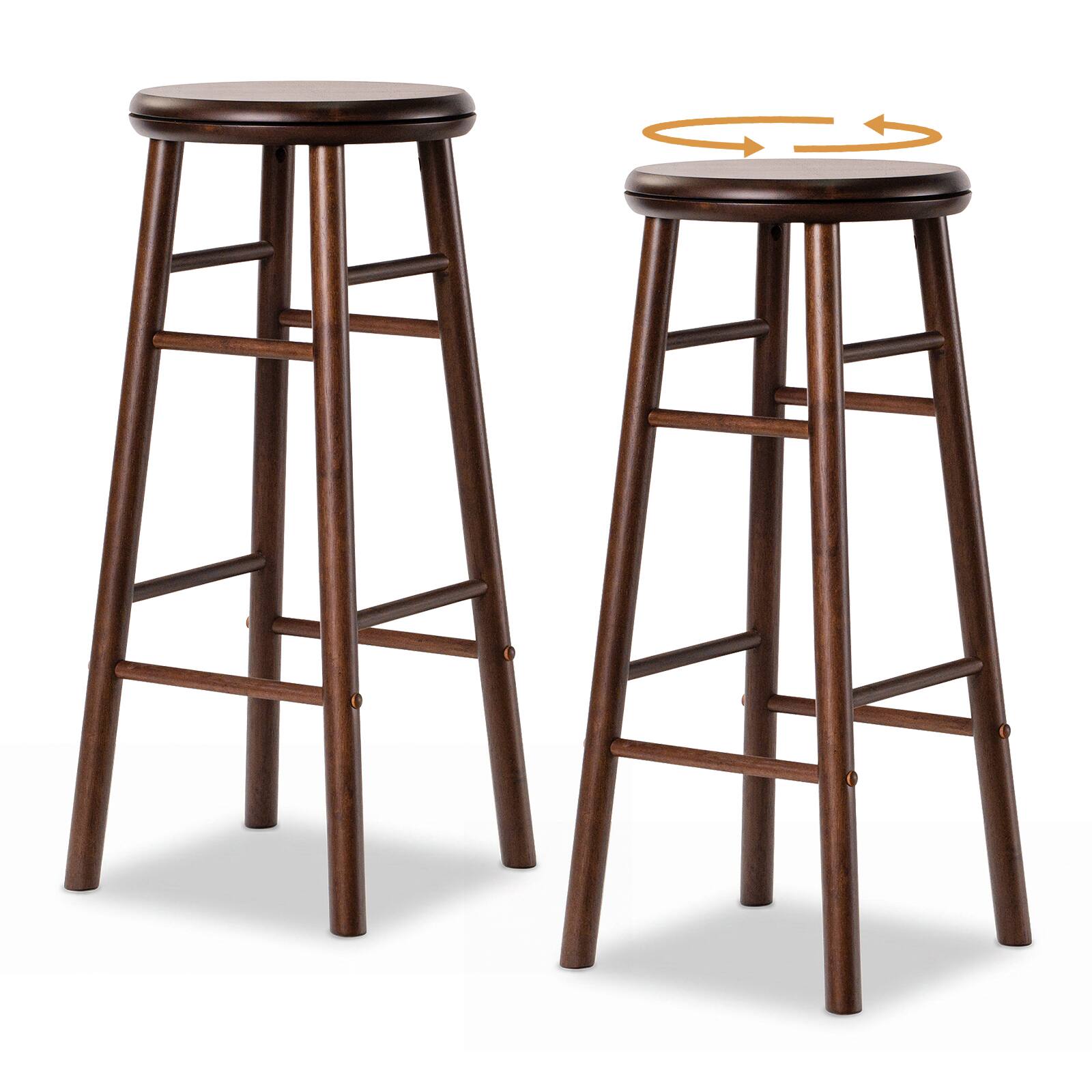 Gymax - 29'' Swivel Bar Stools Set of 2 w/Backless Design Footrests & Strong Crossbars Walnut - Brown