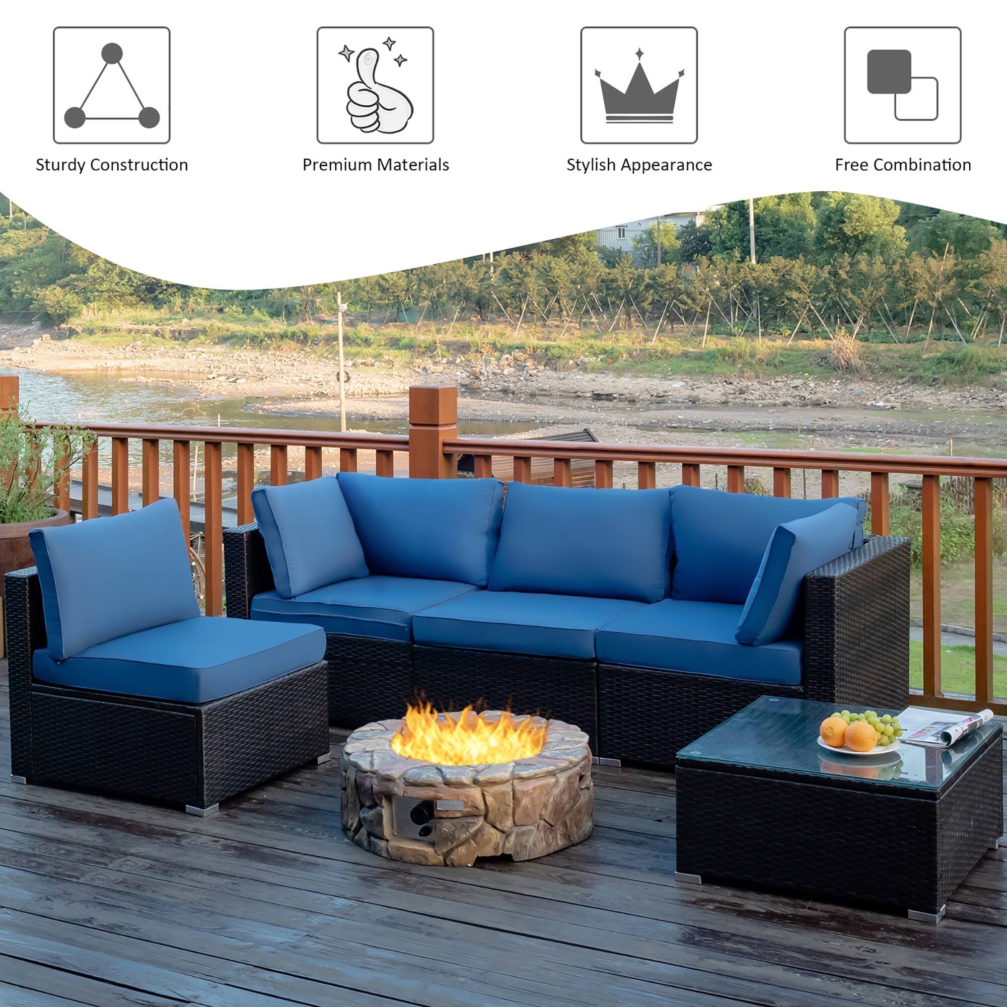 The image features a patio set with a blue couch, two blue chairs, and a fire pit. The set is made of sturdy construction and premium materials, giving it a stylish appearance. The set is also free to combine with other items, making it a versatile choice for outdoor living spaces.