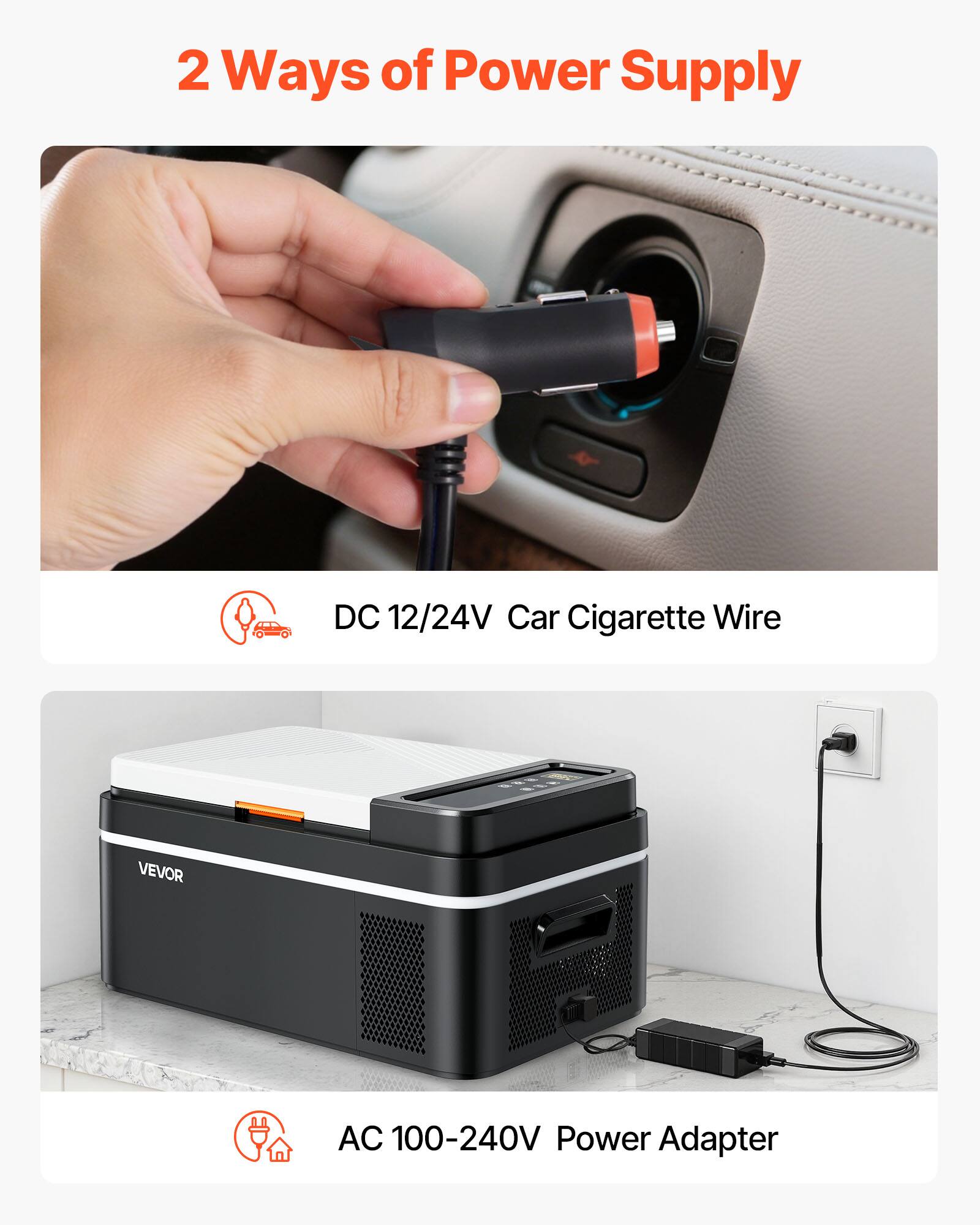 2 Ways of Power Supply

DC 12/24V Car Cigarette Wire

AC 100-240V Power Adapter
