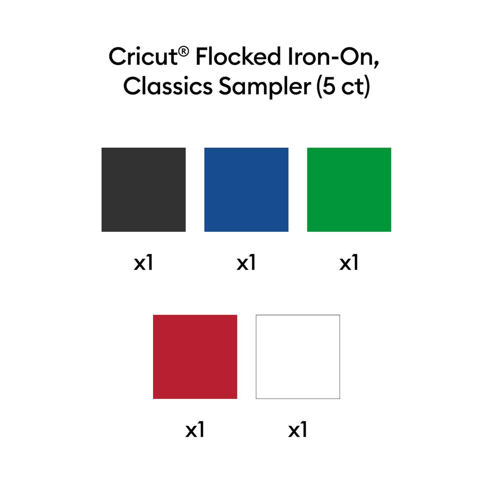 Cricut® Flocked Iron-On, Classics Sampler (5 ct)

- Black x1
- Blue x1
- Green x1
- Red x1
- White x1