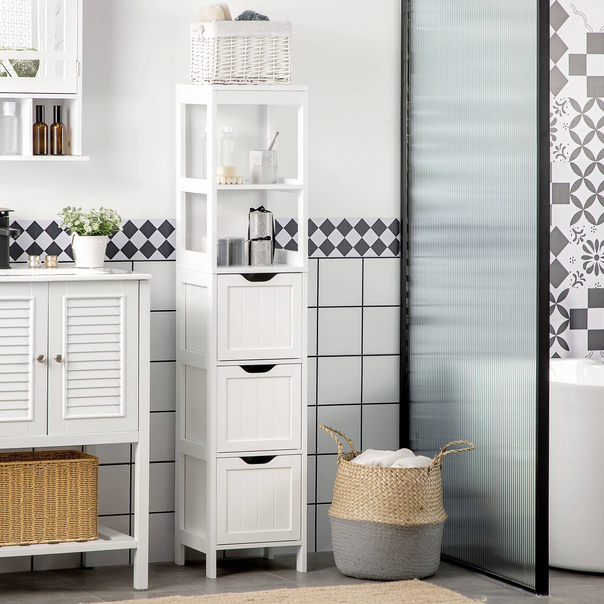 Alt View 1. Kleankin - Tall Bathroom Cabinet, Slim Bathroom Storage Cabinet, Narrow Floor Cabinet with 3 Drawers and 2 Open Shelves - White.
