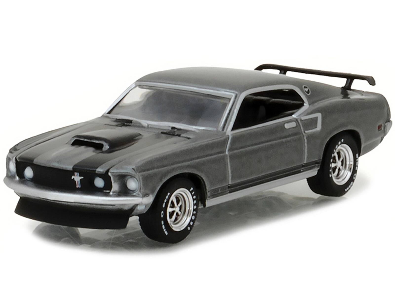 Angle. Greenlight - 1969 Ford Mustang Boss 429 Gray Metallic with Black Stripes "John Wick" (2014) Movie "Hollywood Series" Release 18 1/64 - Gray Metallic with Black.