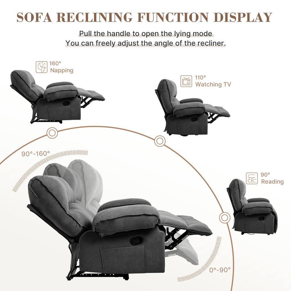 SOFA RECLINING FUNCTION DISPLAY

Pull the handle to open the lying mode.  
You can freely adjust the angle of the recliner.

- 160° Napping
- 110° Watching TV
- 90° Reading

90°-160°  
0°-90°