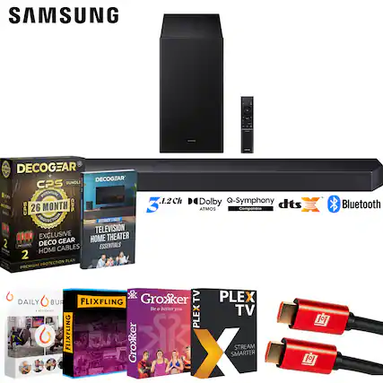 SAMSUNG 1 - TAN DECOGEAR DECOGEAR CPS BUNDLE PREMIUM T CPS 26 MONTH CPS PROTECTION RESNN - E DI TELEVISION 80 EXCLUSIVE 0.00 GEAR HOME THEATER 2 TXEE DECO INCLUDES ESSENTIALS HDMI CABLES 2 PLAN PREMIUM PROTECTION .1.2 Ch 3 Dolby Q-Symphony dts ATMOS Compatible Bluetooth TV PLEX DAILY BUR FLIXFLING Groxker Be a better you. TV A ...1.. ... L BO PLE FLIXFLING Hx PR Groxker S STREAM - QLAS X SMARTER 1 1