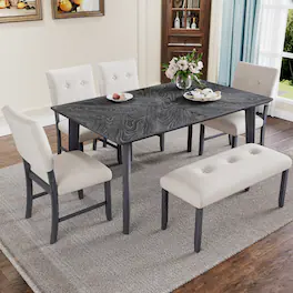 TinyHomie - 6 Piece Dining Room Table Set Rustic Farmhouse Dining Room Rectangular Table with 4 Upholstered Chairs and Bench - Gray
