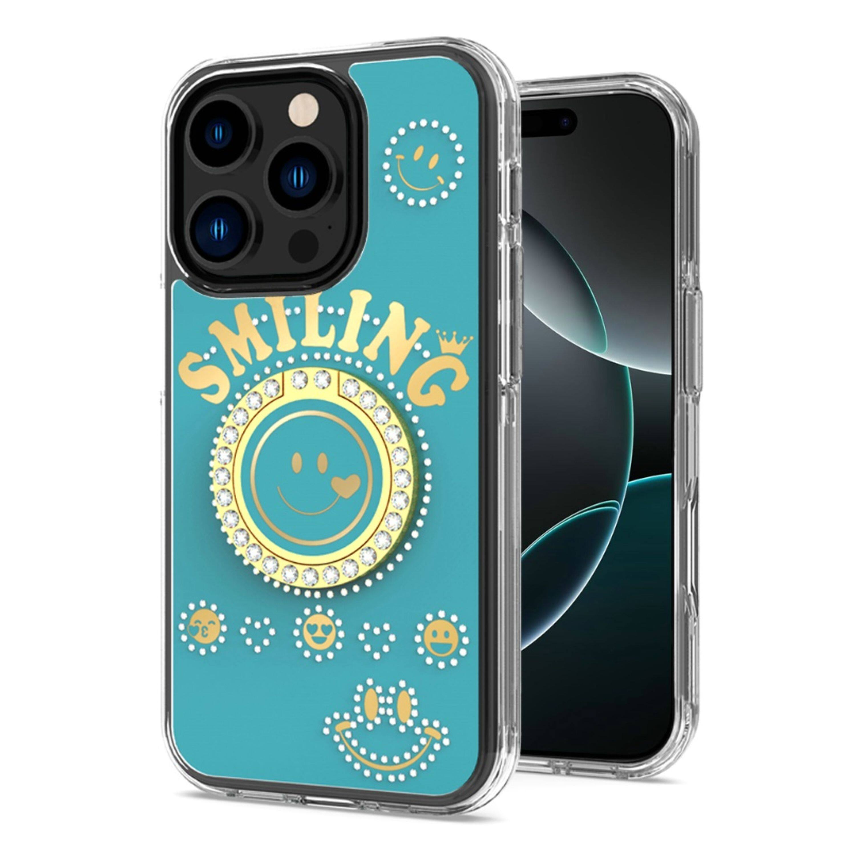 Kitcheniva - Studs Smiling Design Ring Stand Phone Case With Tempered Glass For iPhone 16 Pro - Blue price history on PriceWatchPro