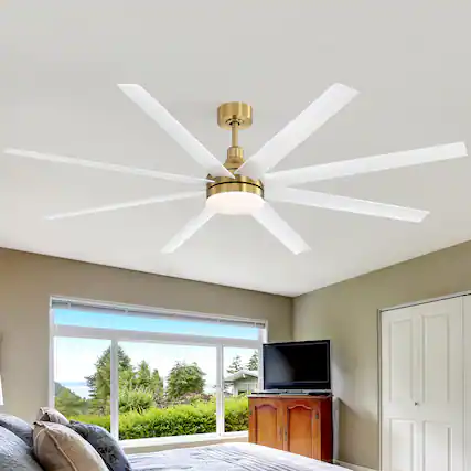 Front. Breezary - 72-Inch Sleek LED Ceiling Fan with 8 ABS Blades, 3-Color Light, DC Motor, 6-Speed Remote & Timer - 72-inch white and gold.