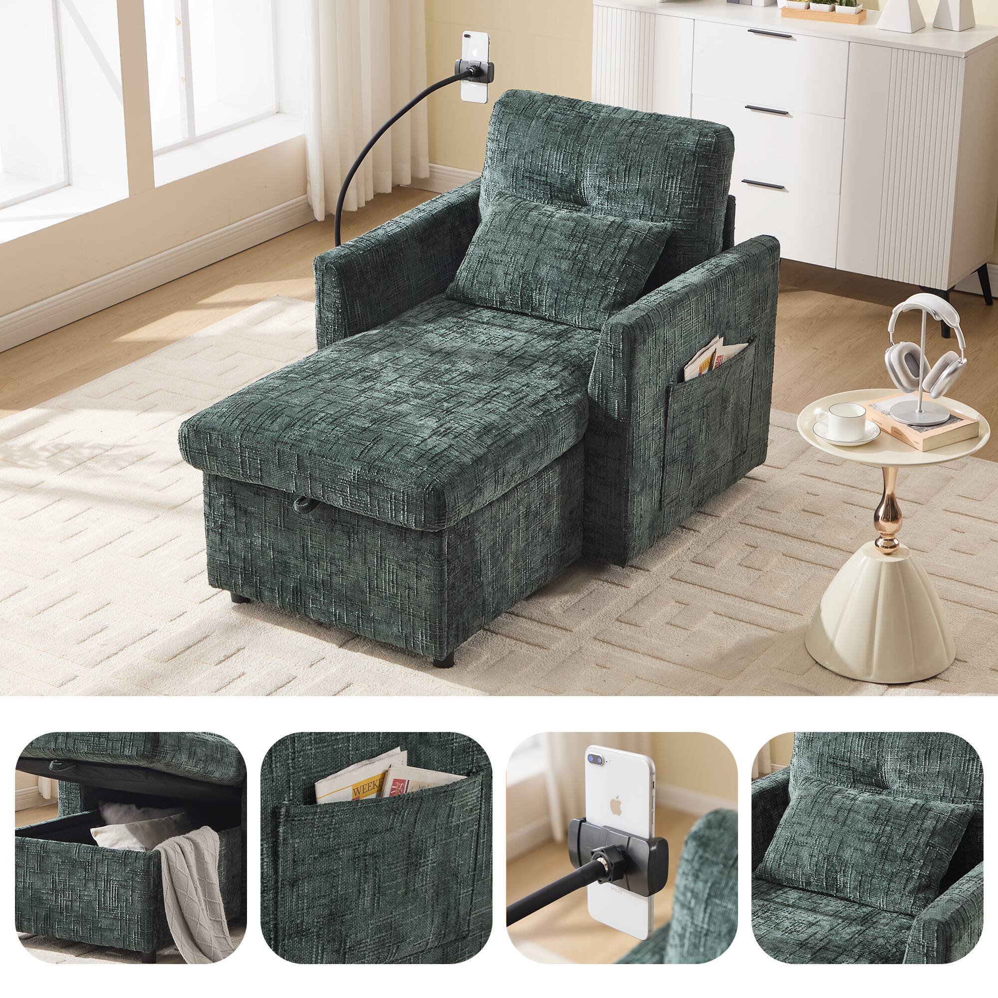 Back. Trinkets Crazed - Lazy Person Sofa Couch, Multifunctional Chenille Single Leisure Chair with Storage Backrest, Cell Phone Bracket - Emerald.