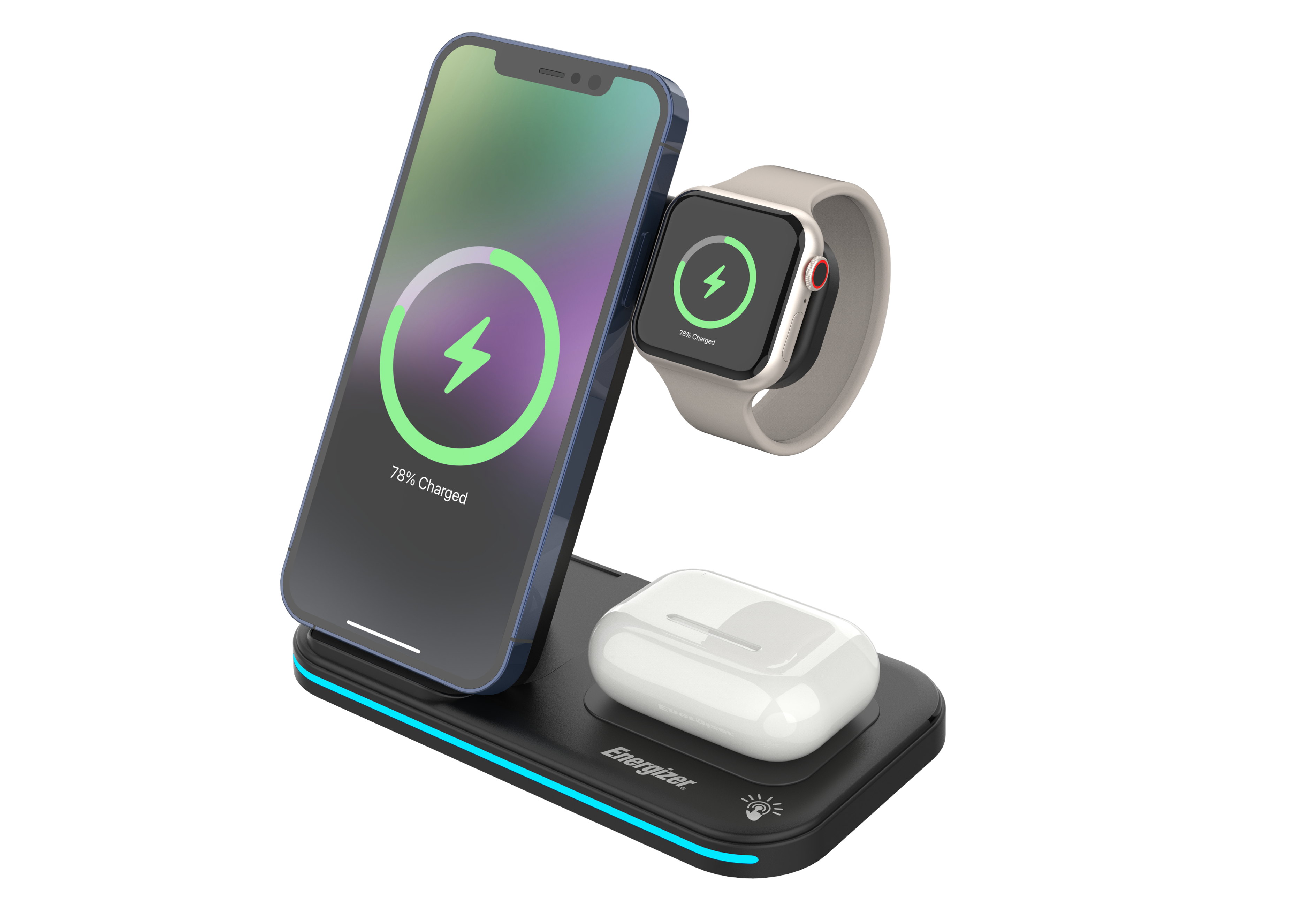 Energizer - 3-in-1 15W Foldable Qi Certified Wireless Fast 15W Charger, Charging Station/Stand for iPhone + AirPods + Apple Watch - Black - Front_Zoom