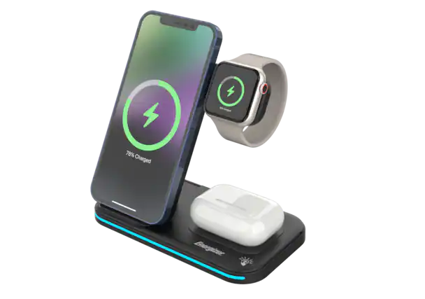 The image shows a smartphone sitting on a charging station, which is displaying the battery level as 78%. The phone is connected to the charging station, and there is an Energizer Energi Power Bank nearby. The charging station is designed to keep the phone charged and ready for use.