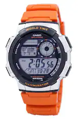 WORLD TIME CASIO 5 ALARMS 60 55 05 ADJUST SPLIT-RESET 50 10 LIGHT 0466666 45 SETUR SPLIT 40 20 35 25 30 PM SELECT 2:05 56 START/STOP MODE SAT 10-28 SEARCH 10 YEAR BATTERY WR100M ILLUMINATOR