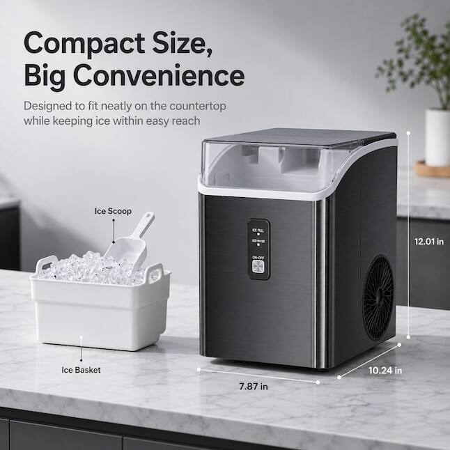 Compact Size, Big Convenience  
Designed to fit neatly on the countertop while keeping ice within easy reach

Ice Scoop  
Ice Basket

12.01 in  
10.24 in  
7.87 in