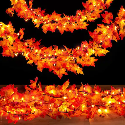 Front. PARKER SLATER - 9FT Plug-in Lighted Fall Garland, 50 Bulb Maple Leaf Thanksgiving Decoration - Orange.