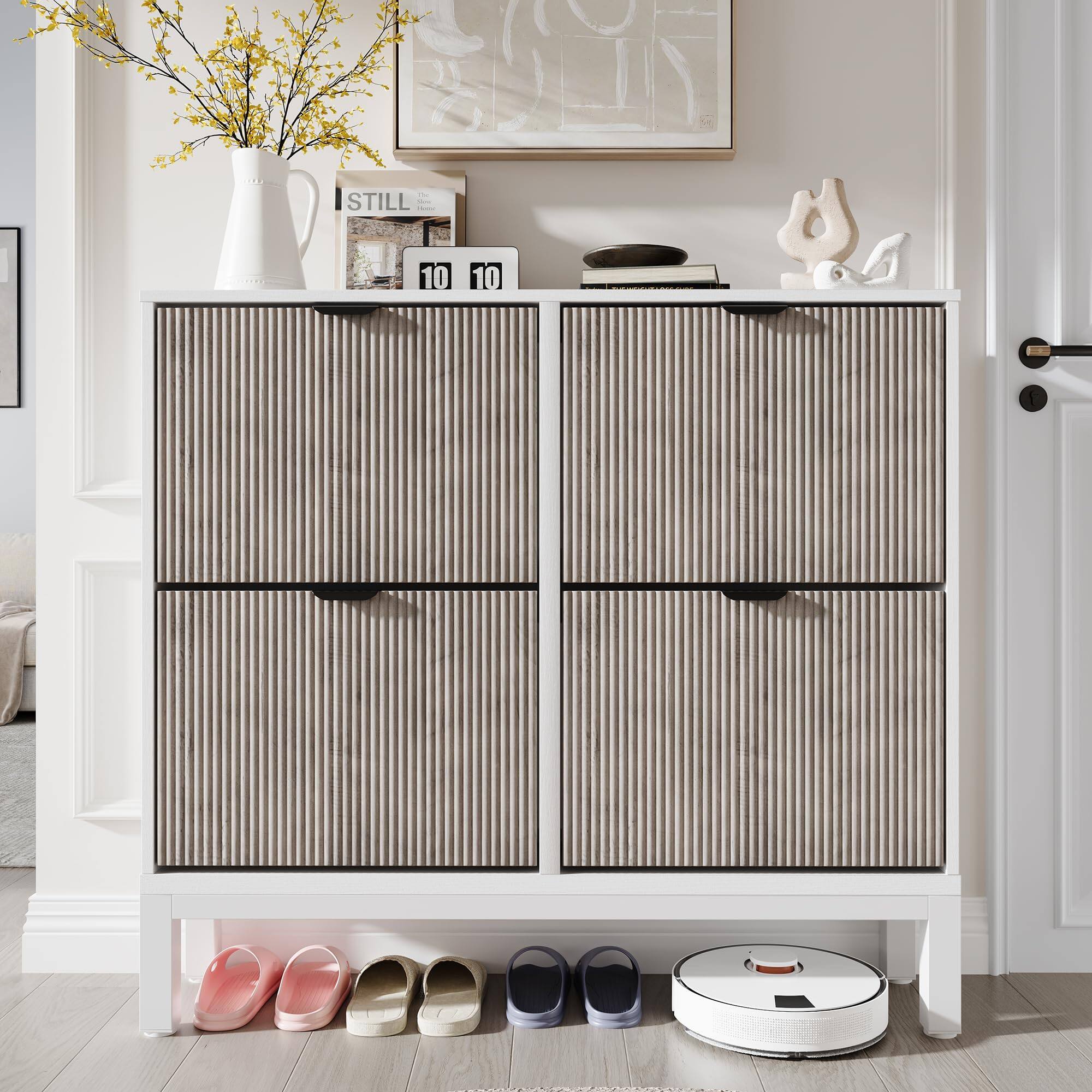 Left. Babevy - Fluted Shoe Cabinet with 4 Flip Drawers, Slim Hidden Shoe Storage Organizer with Metal Legs for Entryway - White & gray.